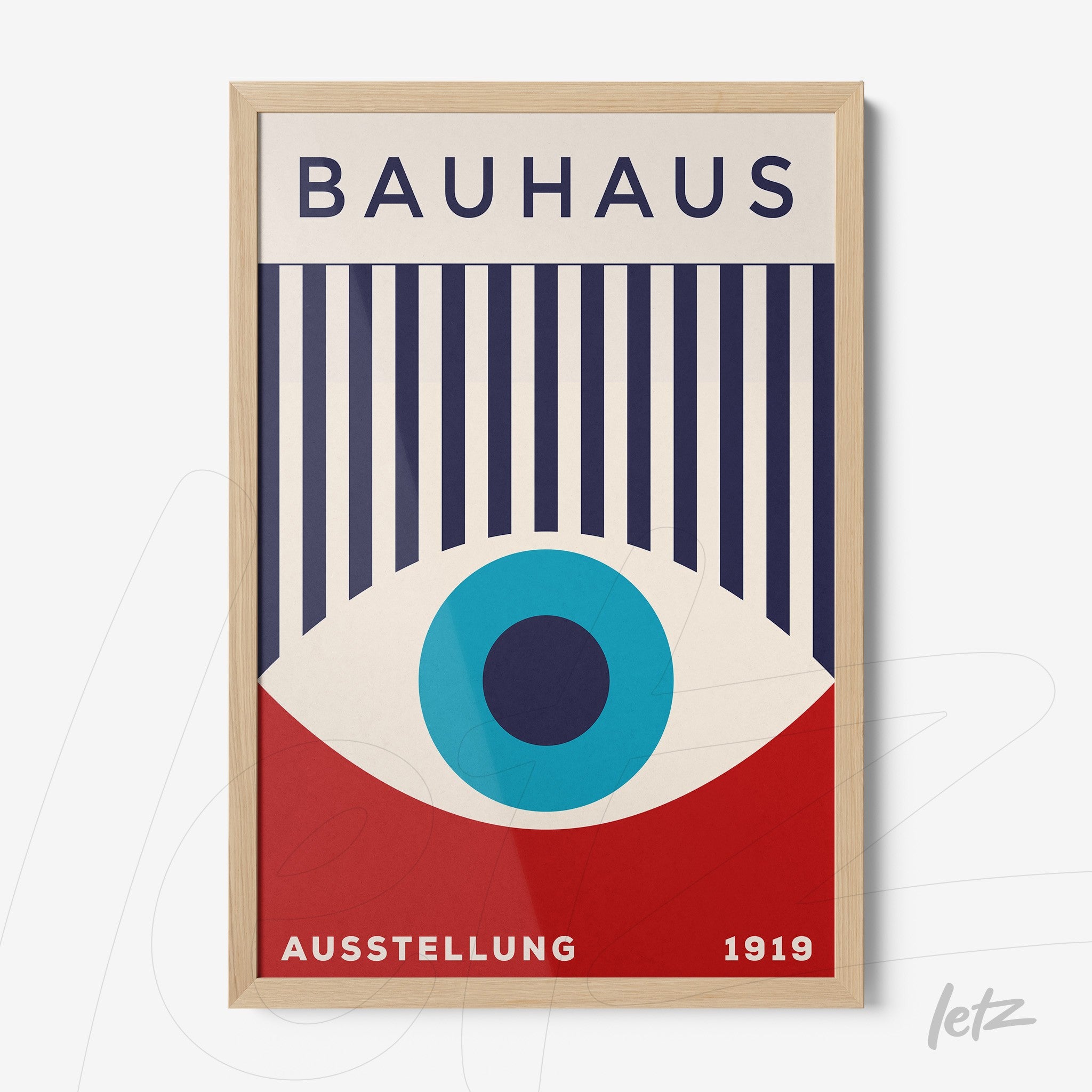 impressionist poster in Bauhaus style featuring geometric eye illustration in light wooden frame