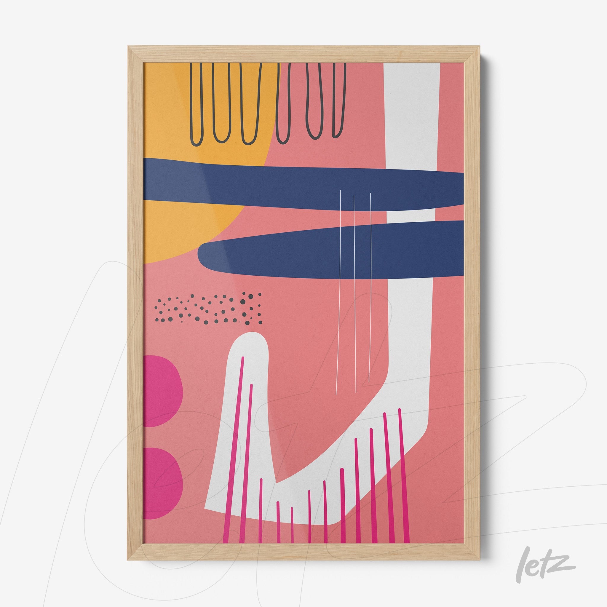 arte boho em cores modernas com formas abstratas em tons de rosa, azul e amarelo emoldurada em caixa de madeira natural com vidro
