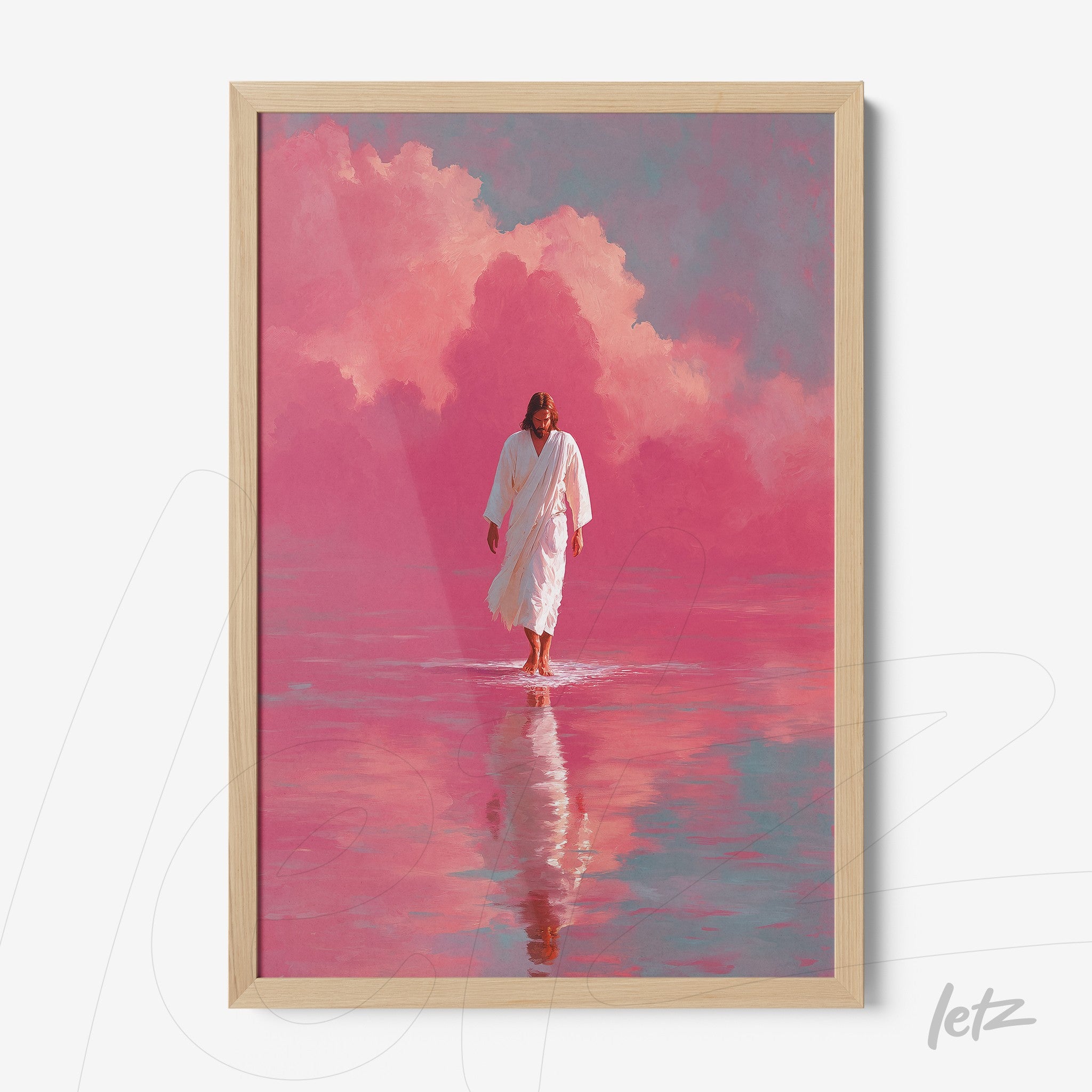 framed artwork of a religious figure walking on water amidst pink clouds