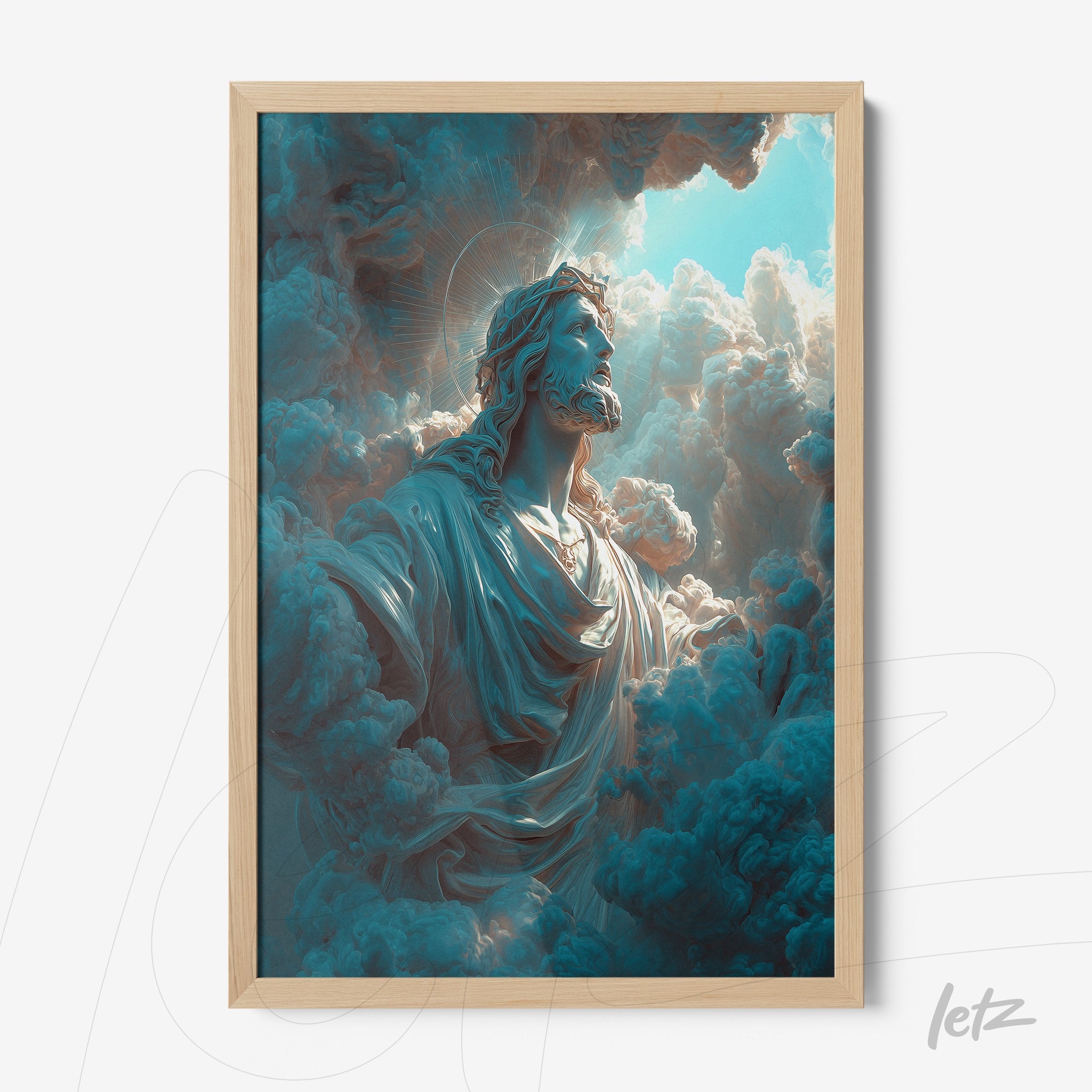 framed digital art depicting a religious figure emerging from dramatic clouds in shades of blue