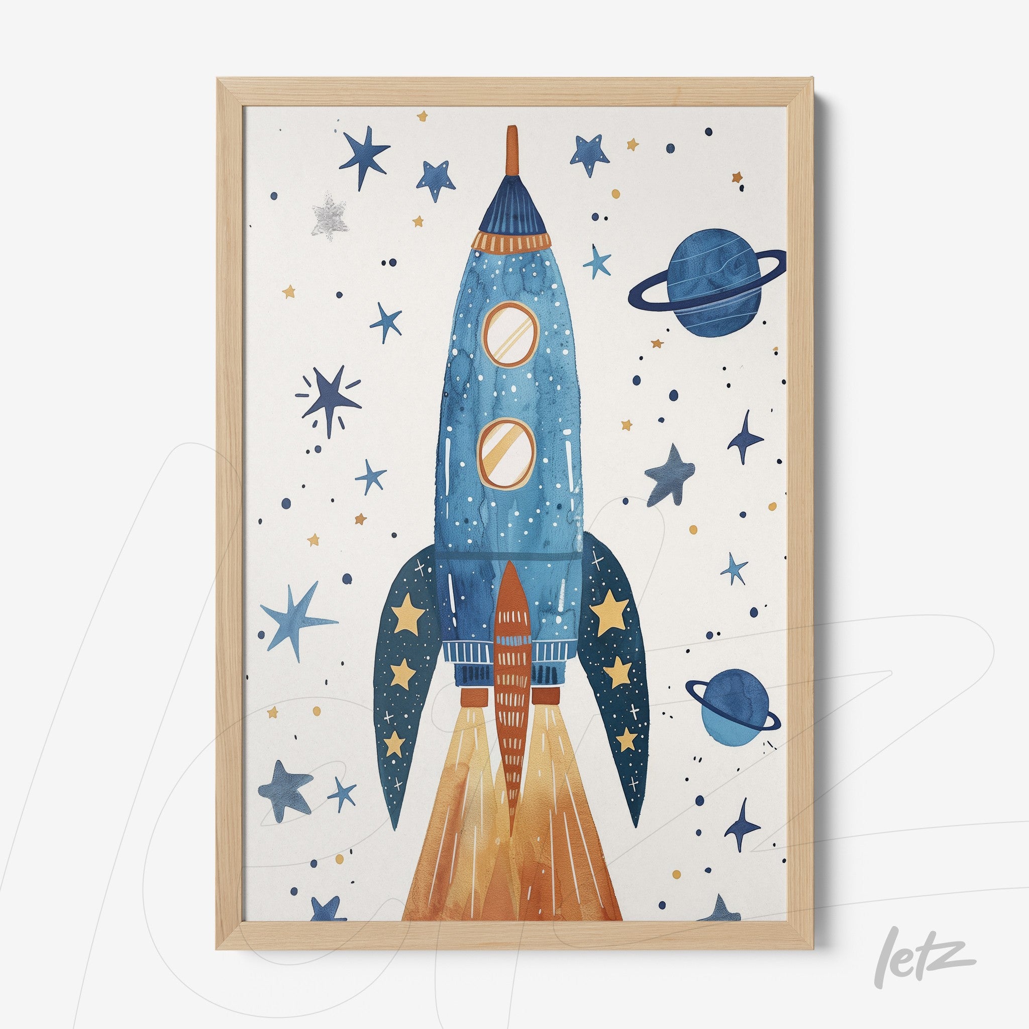 framed artwork featuring a blue rocket against a background of stars and planets with a light wooden frame