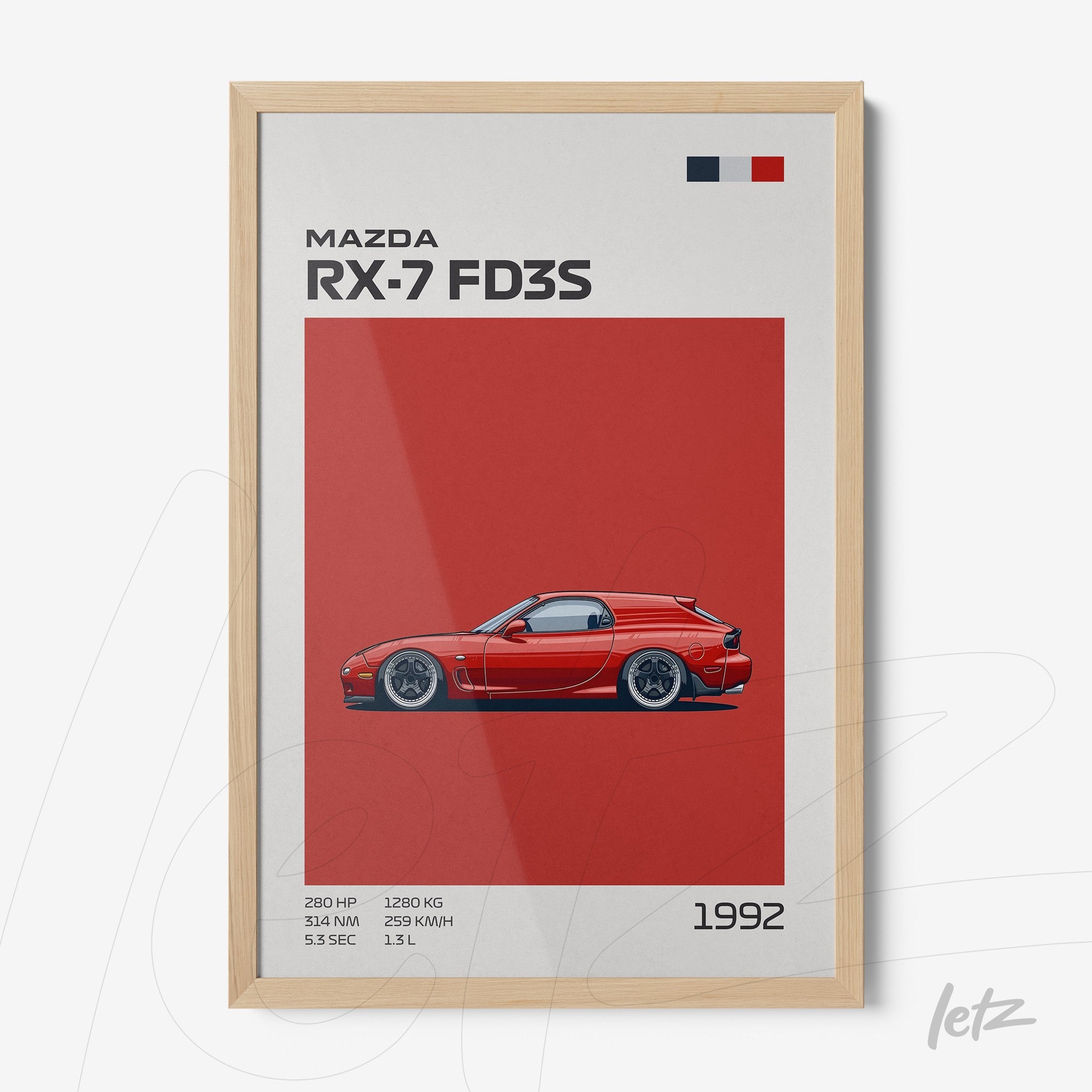framed artwork featuring a stylized illustration of the mazda rx-7 fd3s on a red background with light wood frame