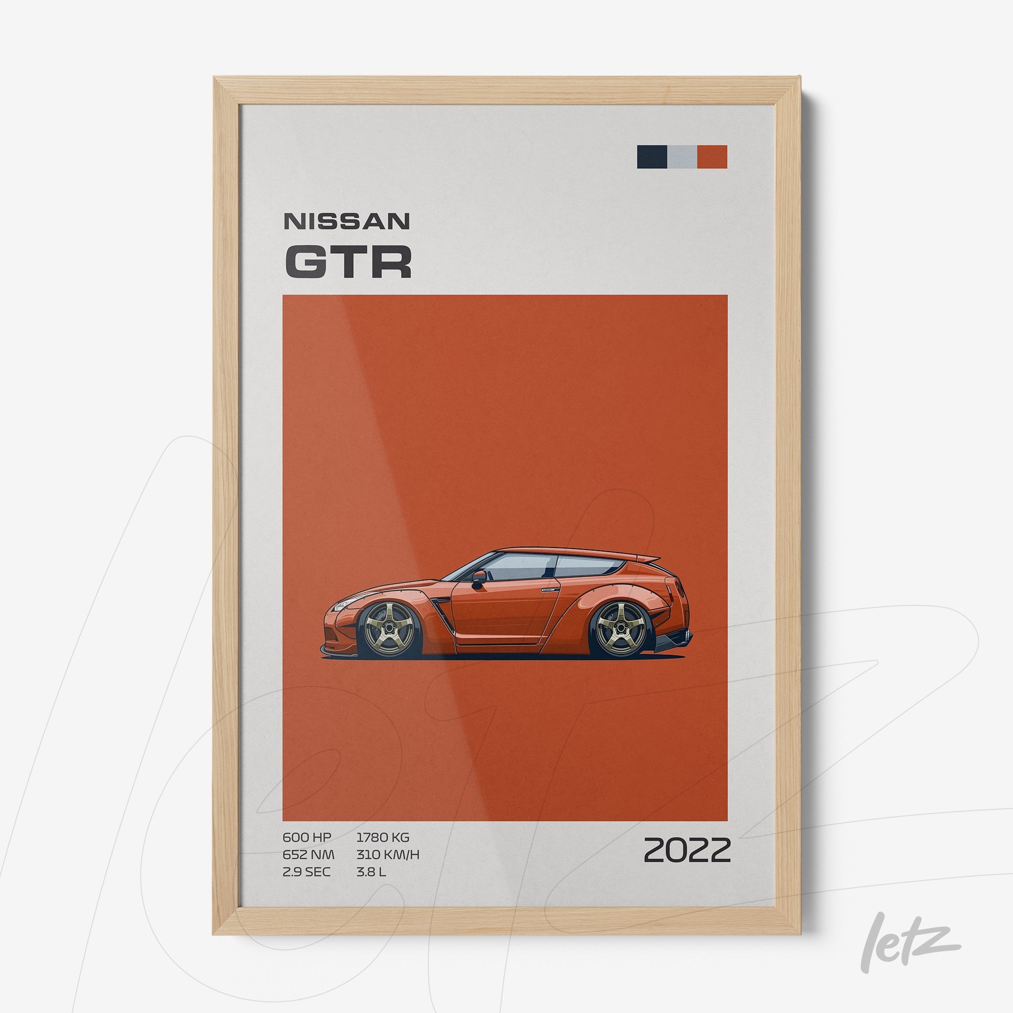 framed digital art of Nissan GTR car on an orange background with light wood frame