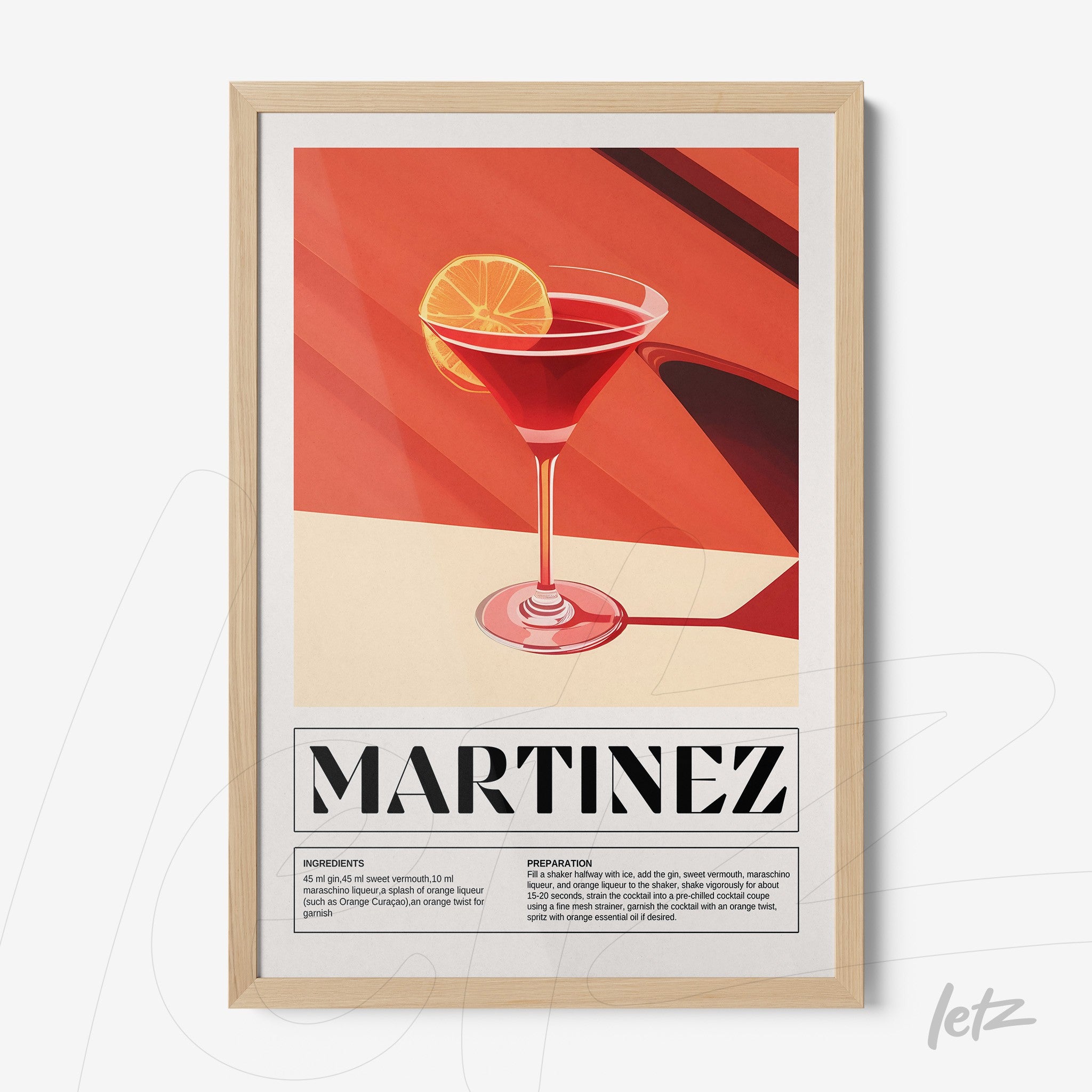 framed digital art of martinez cocktail with light frame, featuring warm background tones and text description