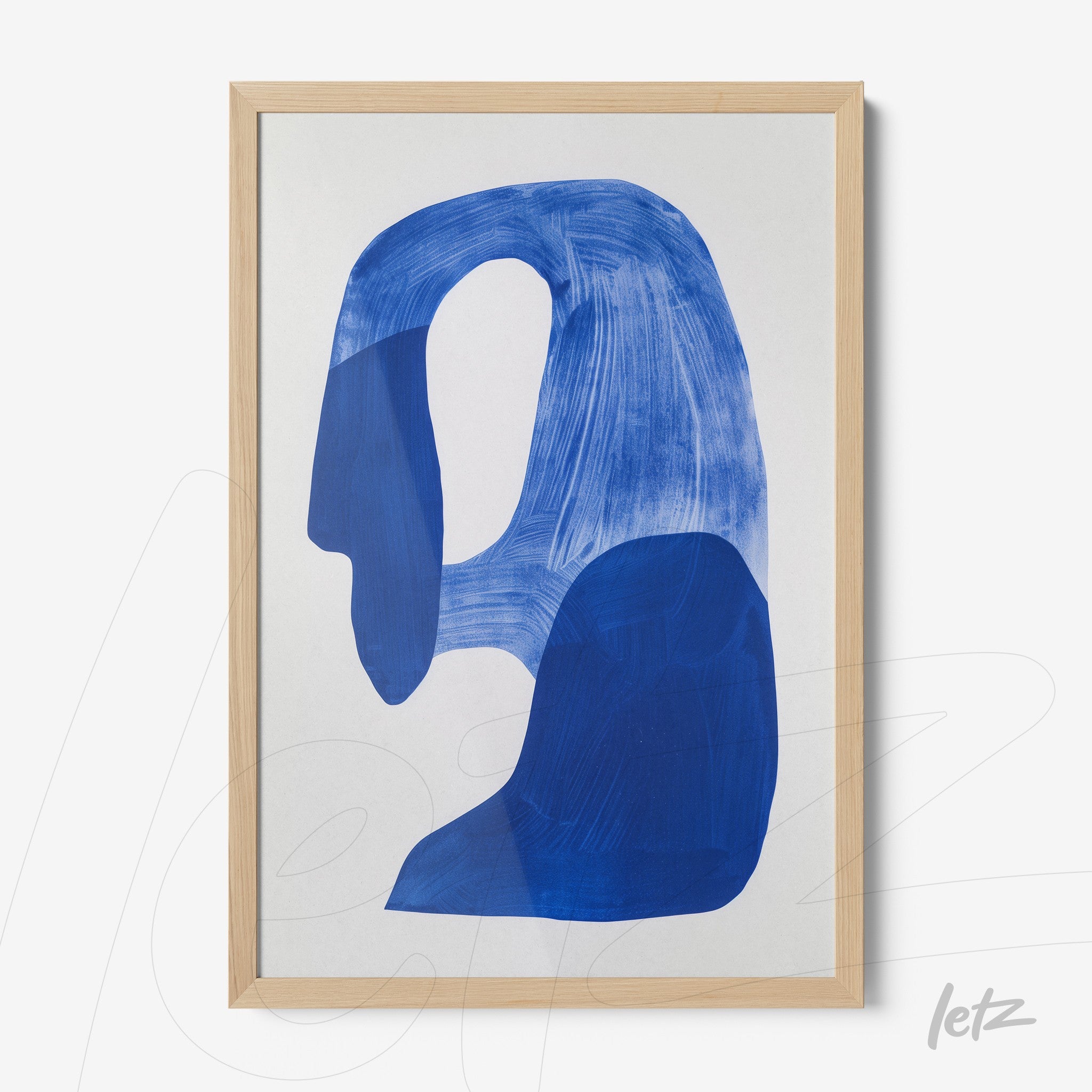 framed abstract art in blue with fluid contours in light wood frame