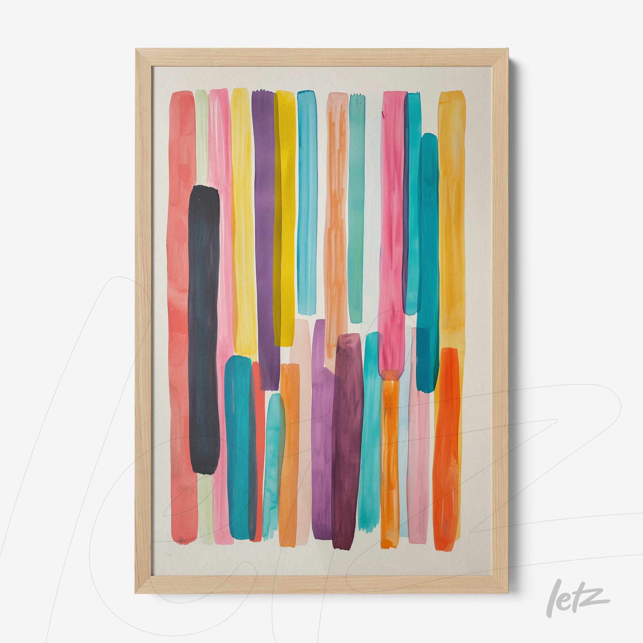 framed wall art featuring abstract brush strokes in vibrant colors with light wood frame