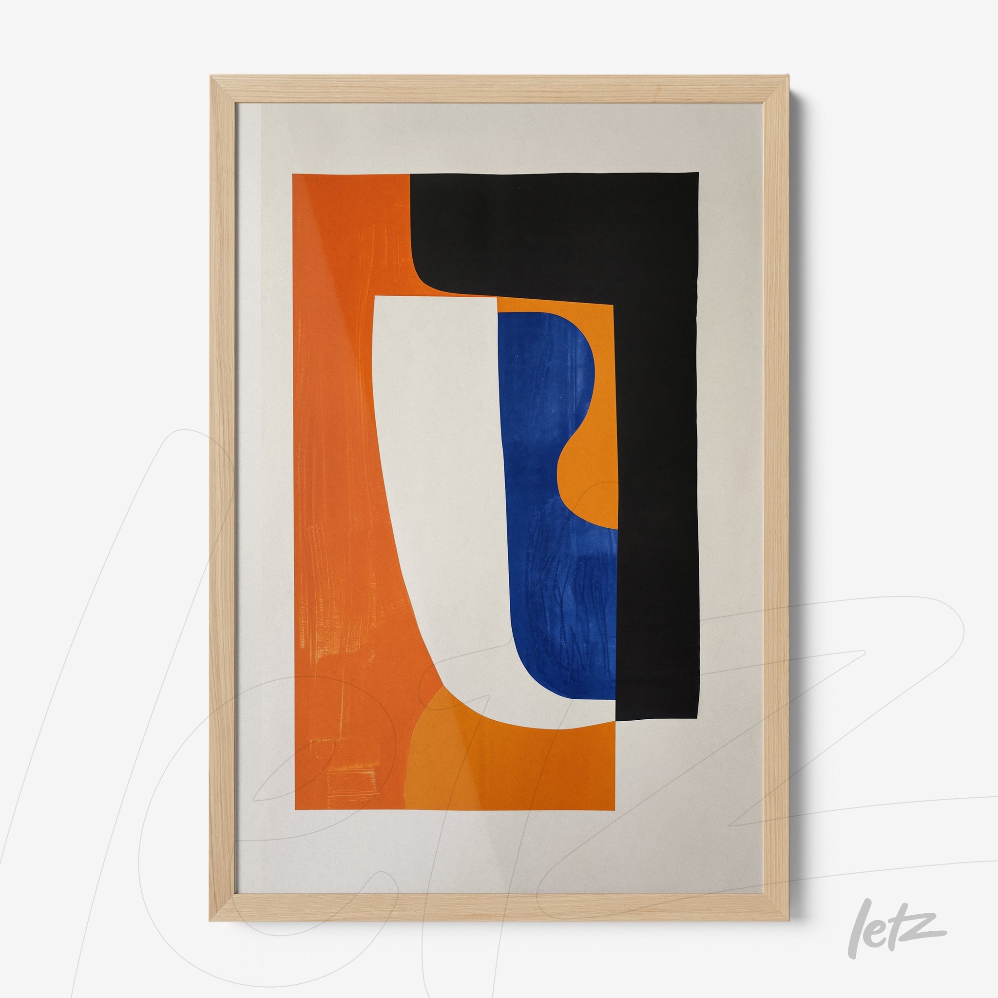 framed art piece featuring vibrant abstract shapes in blue, orange, and black with wooden frame