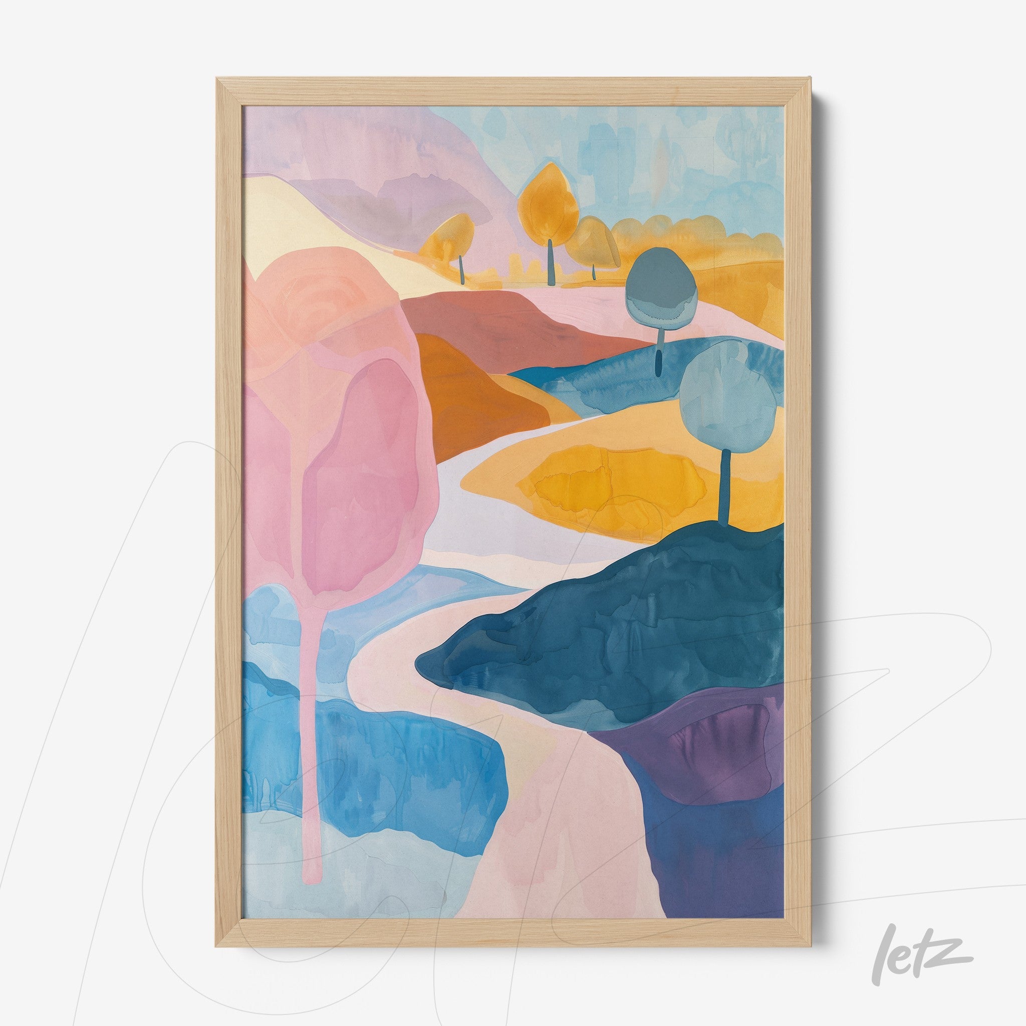 framed abstract landscape art in pastel colors featuring colorful trees and a winding path with light wood frame