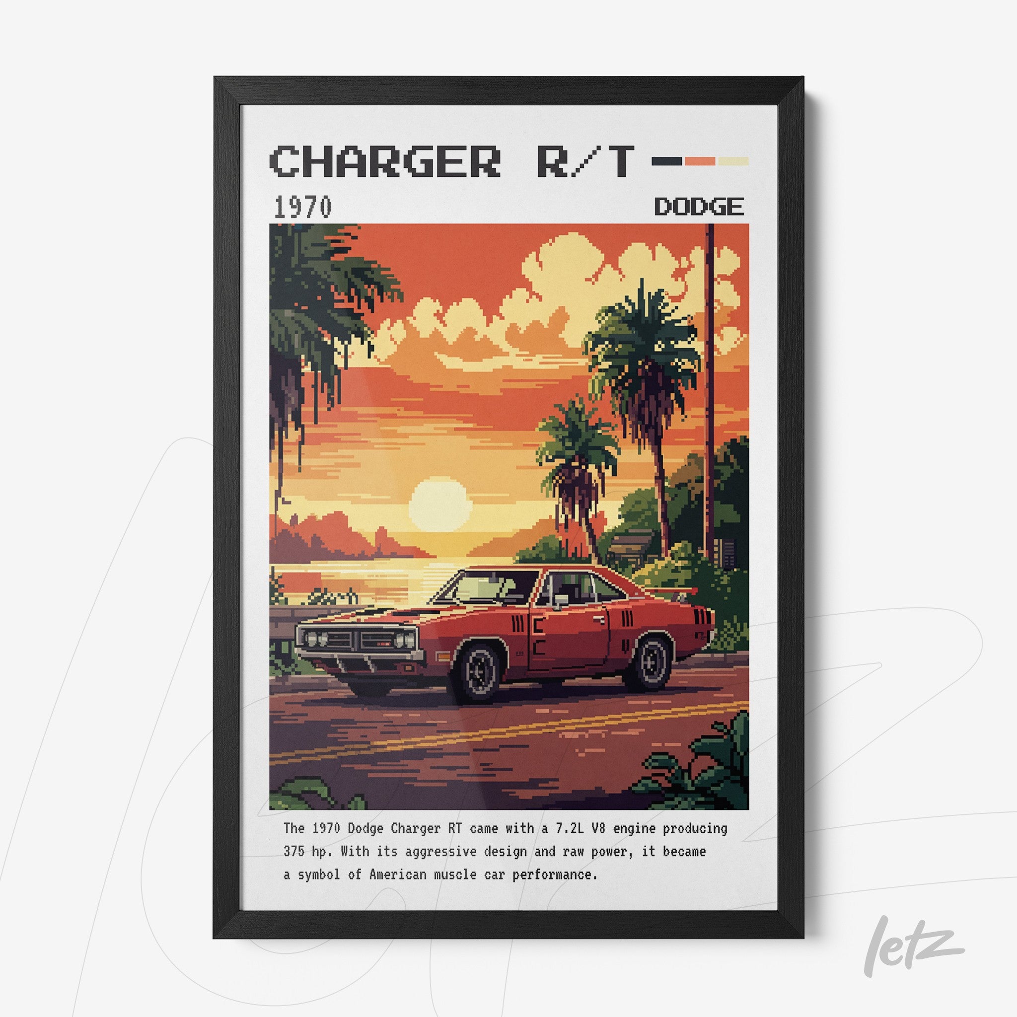 pixel art of a 1970 dodge charger r/t sunset scene with tropical palm trees and colorful background