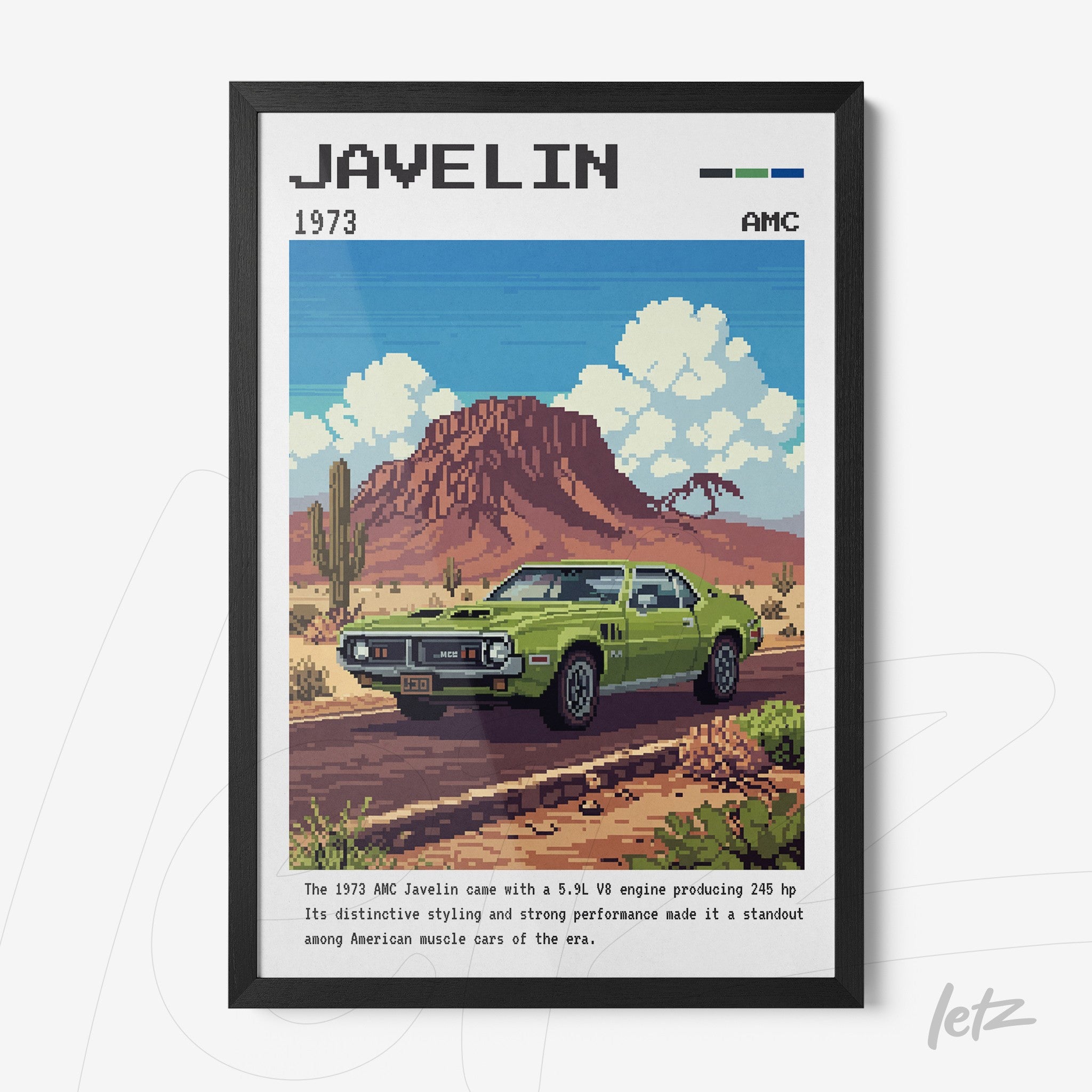 pixel art framed print of a 1973 AMC Javelin in front of a red mountain
