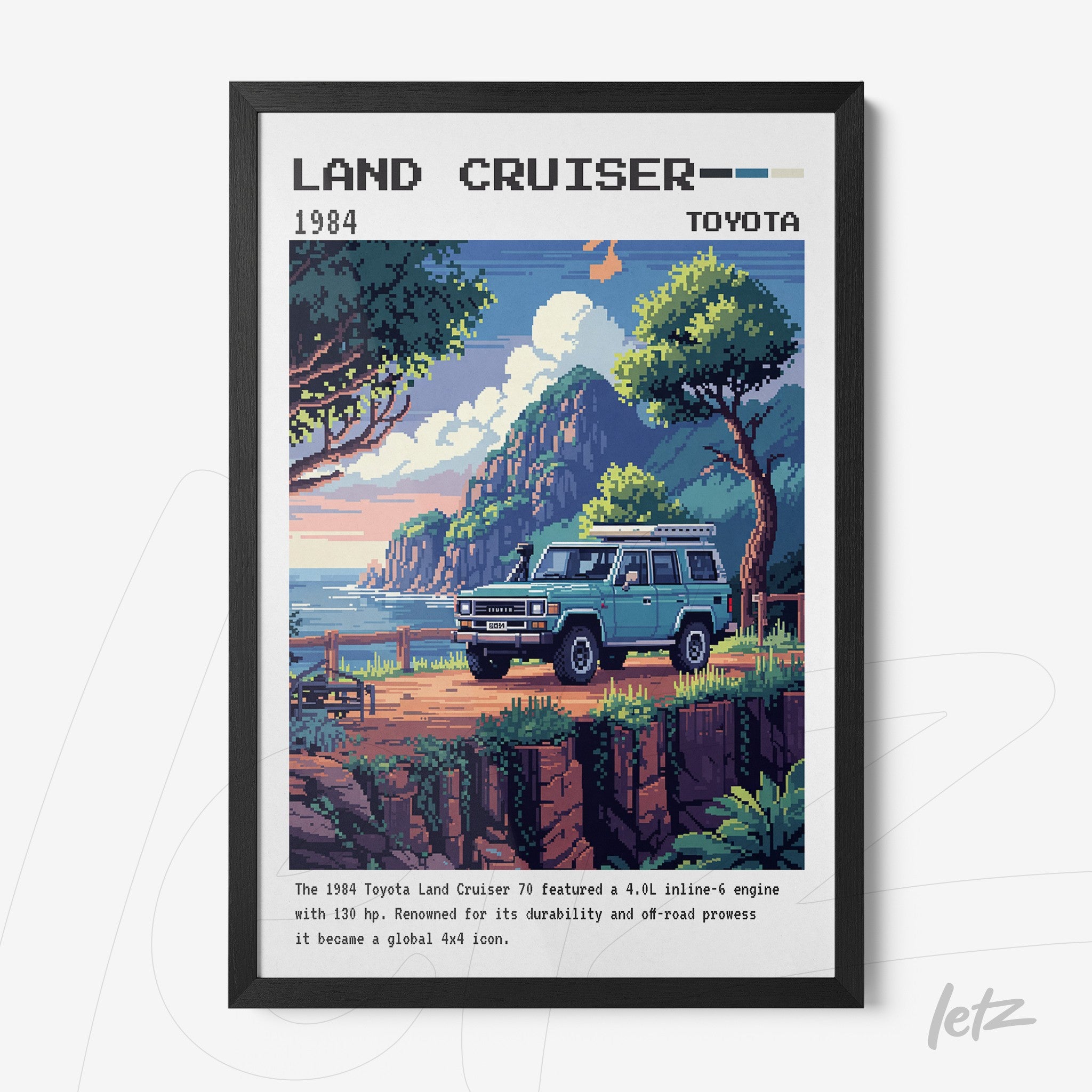 framed retro illustration of the 1984 Toyota Land Cruiser with black frame