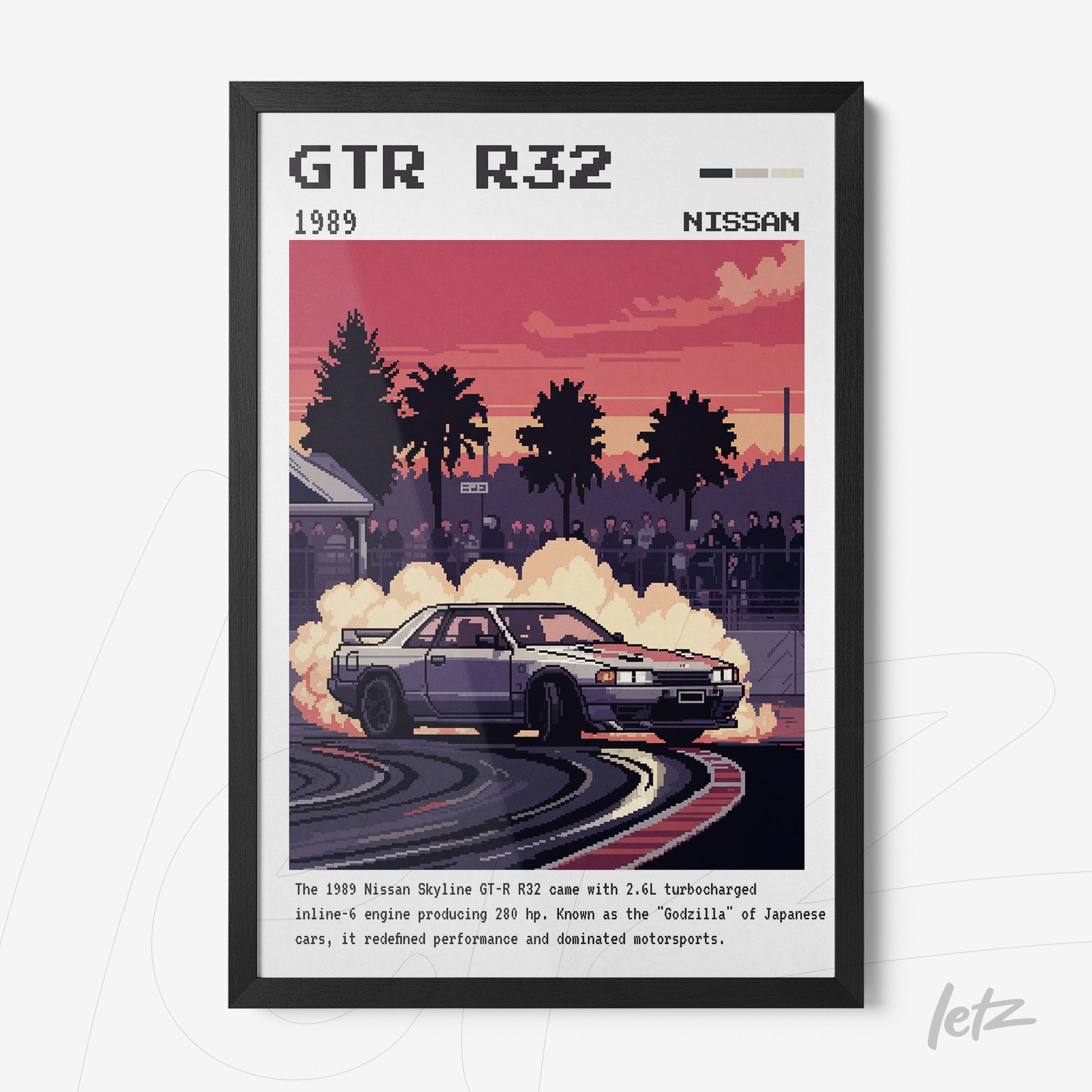 framed digital art of Nissan Skyline GTR R32 in an urban landscape background with vibrant colors and black frame