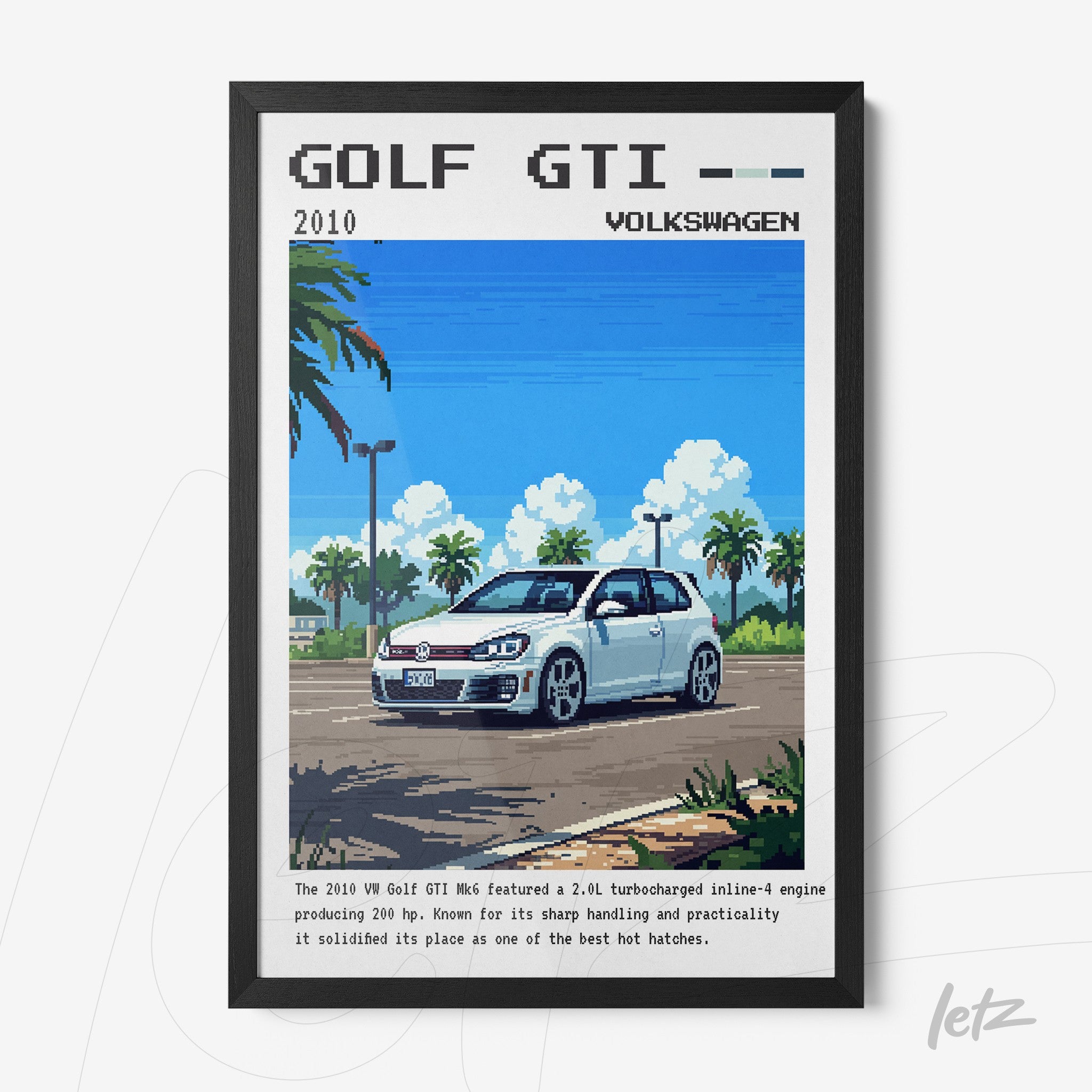 pixel art print of a Volkswagen Golf GTI in a black frame