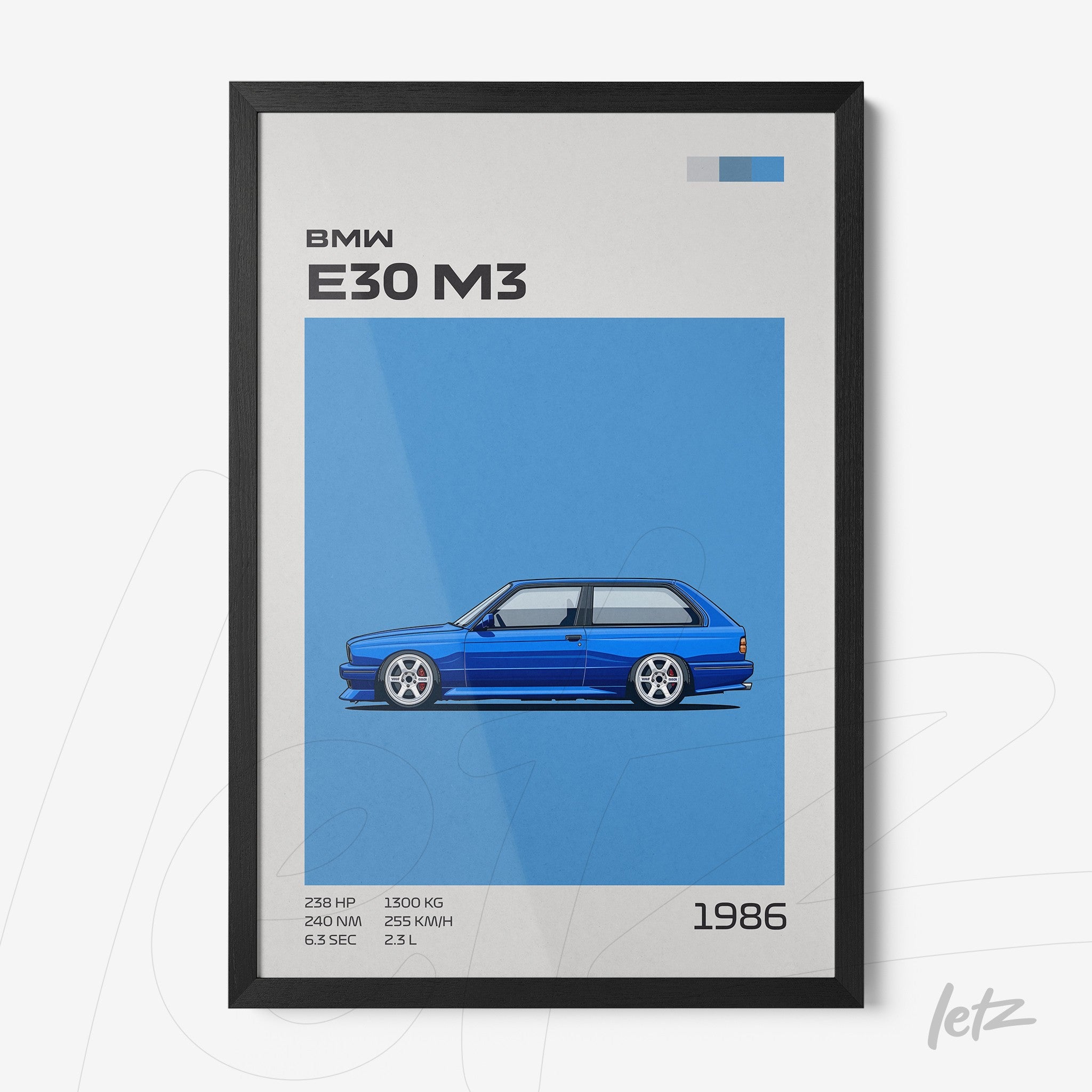 framed minimalist illustration of a BMW E30 M3 on blue background with black frame