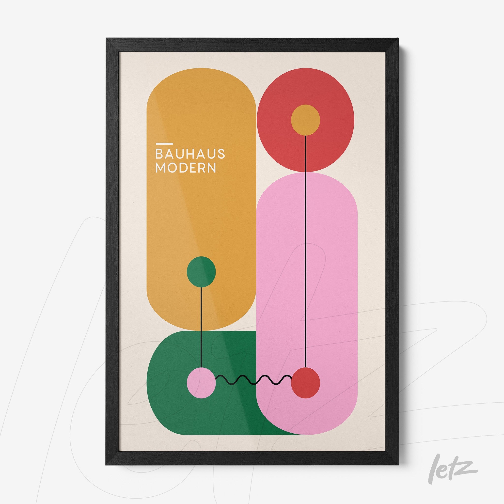 abstract modern bauhaus style art with beige background and black frame