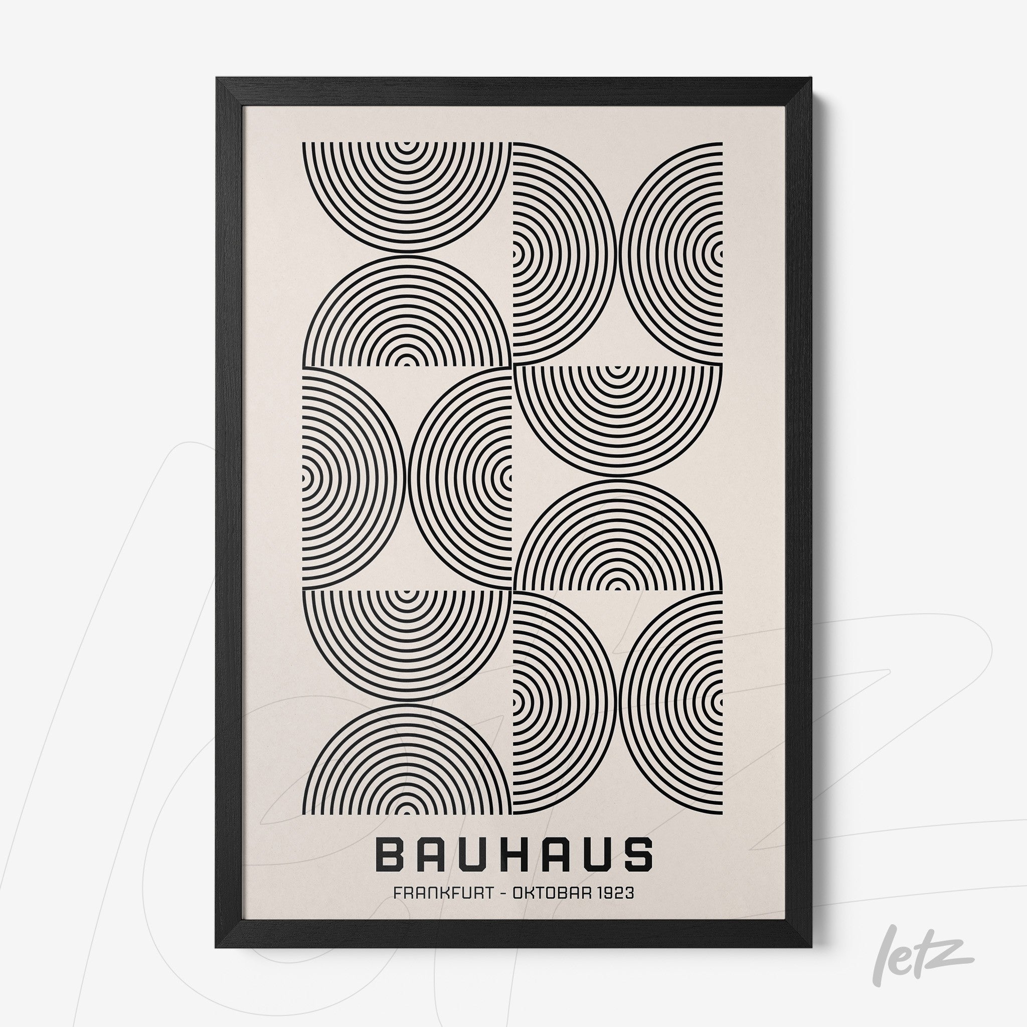 poster inspired by the Bauhaus movement with concentric geometric patterns in black frame