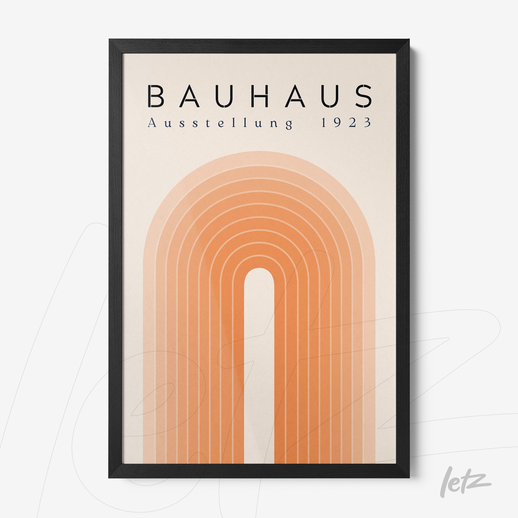 poster print featuring geometric design in orange tones with text 'bauhaus ausstellung 1923' encased in a black frame