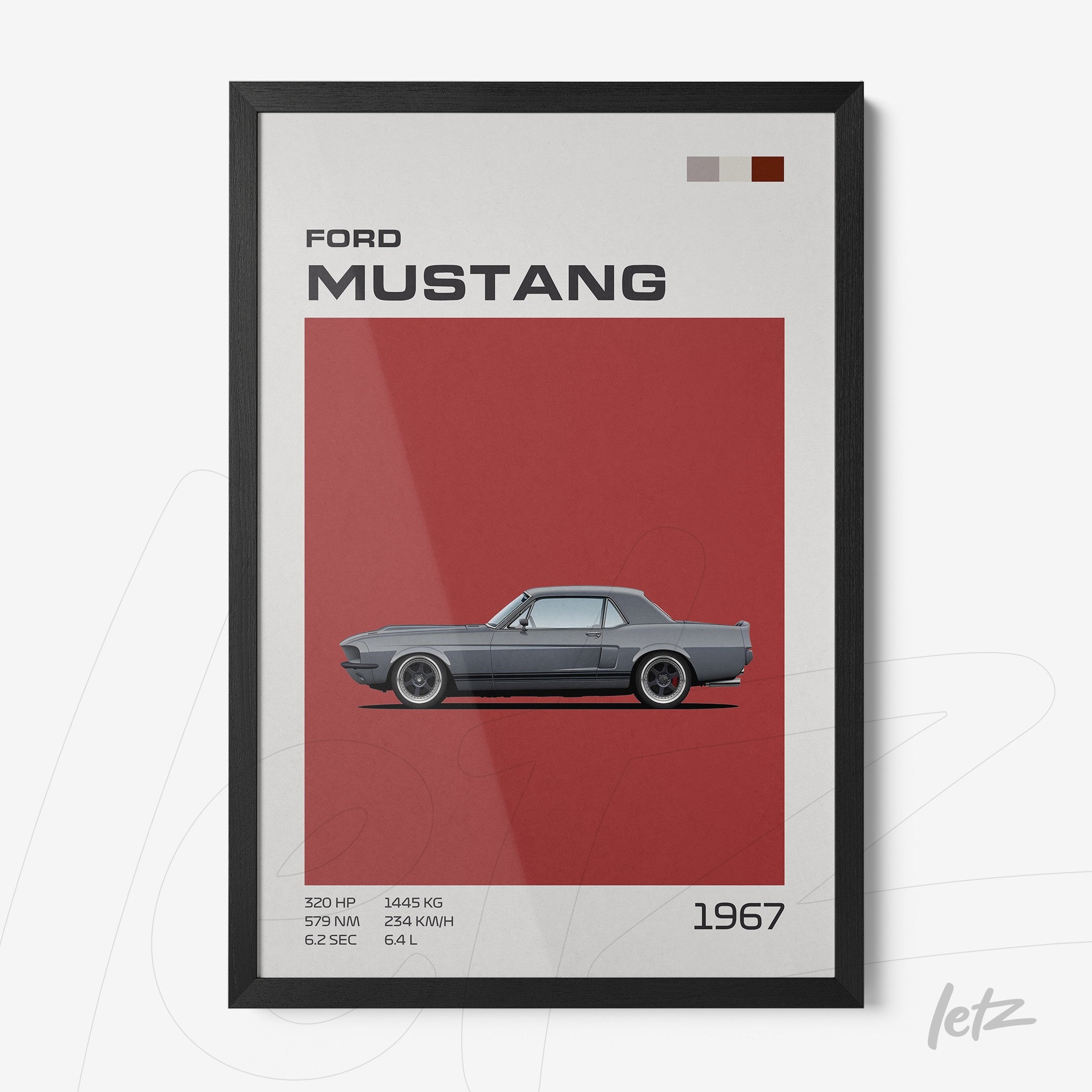 framed minimalist art of 1967 Ford Mustang with black frame and red background