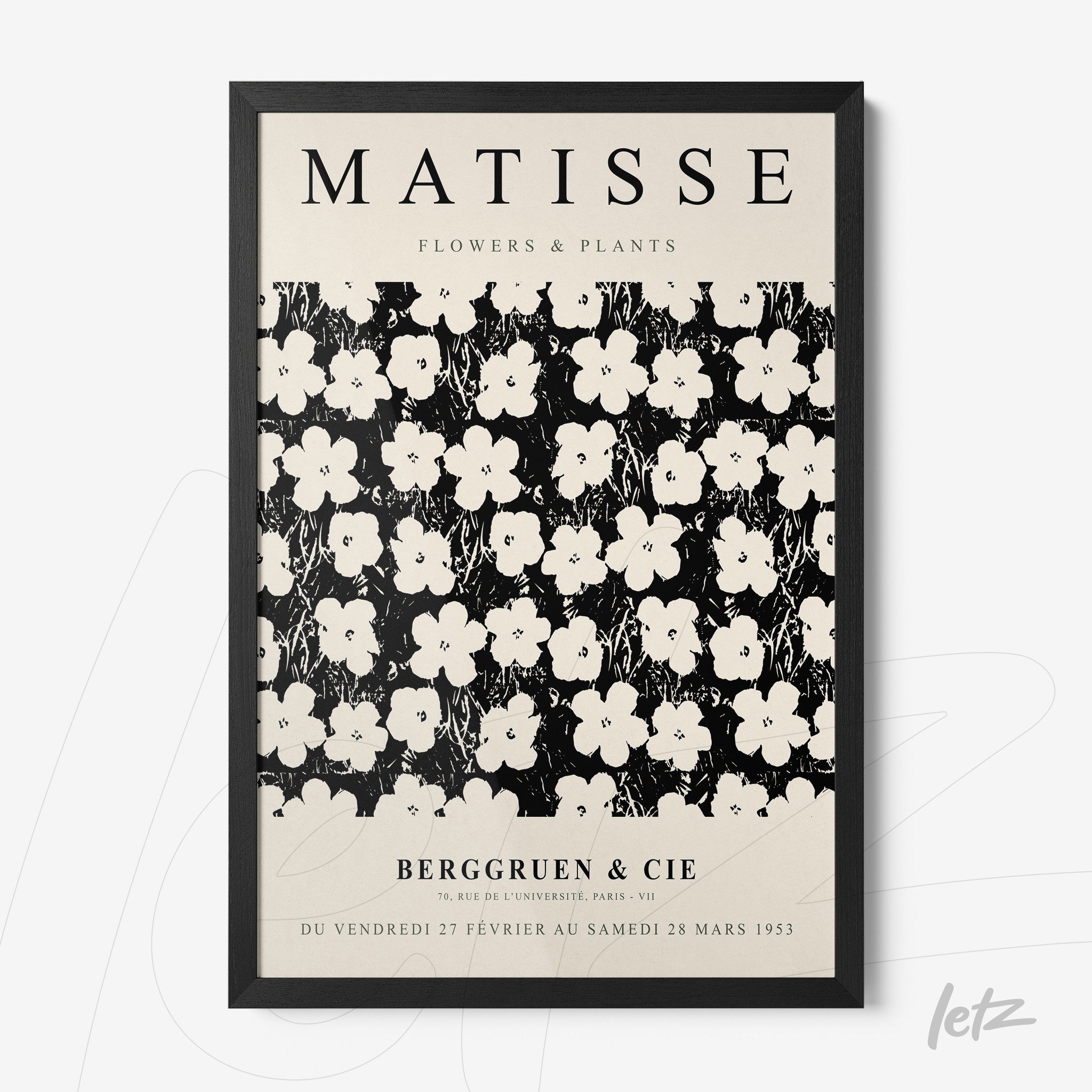 framed artwork inspired by Matisse featuring white flowers on a black background with a black frame