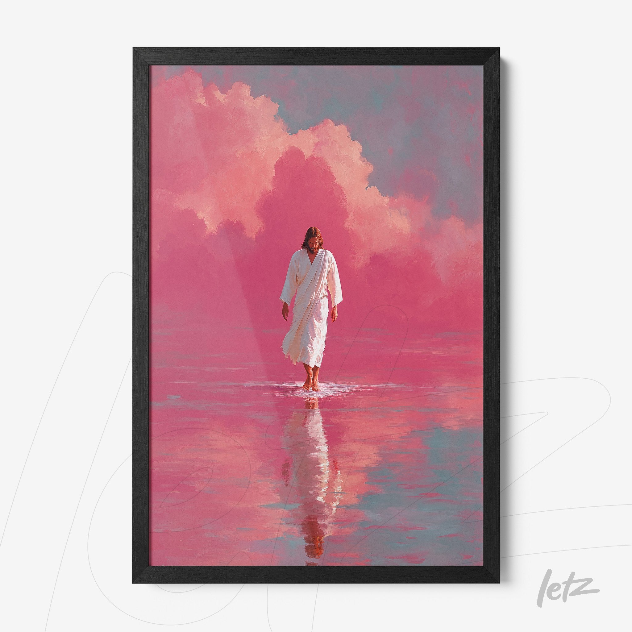 framed spiritual art of a figure in white walking on water against a vibrant pink background with clouds