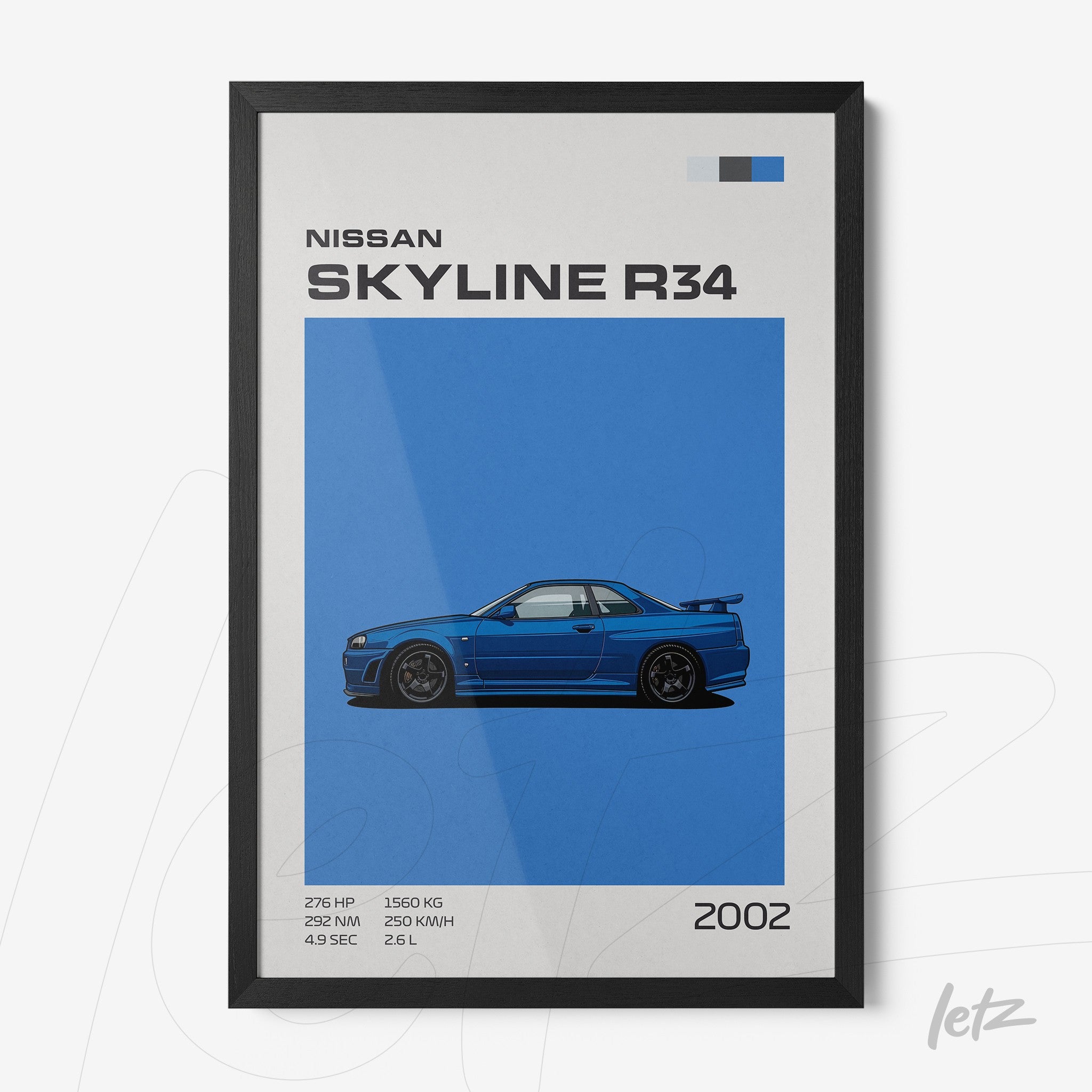 framed wall art featuring a blue illustration of the Nissan Skyline R34 on a blue background