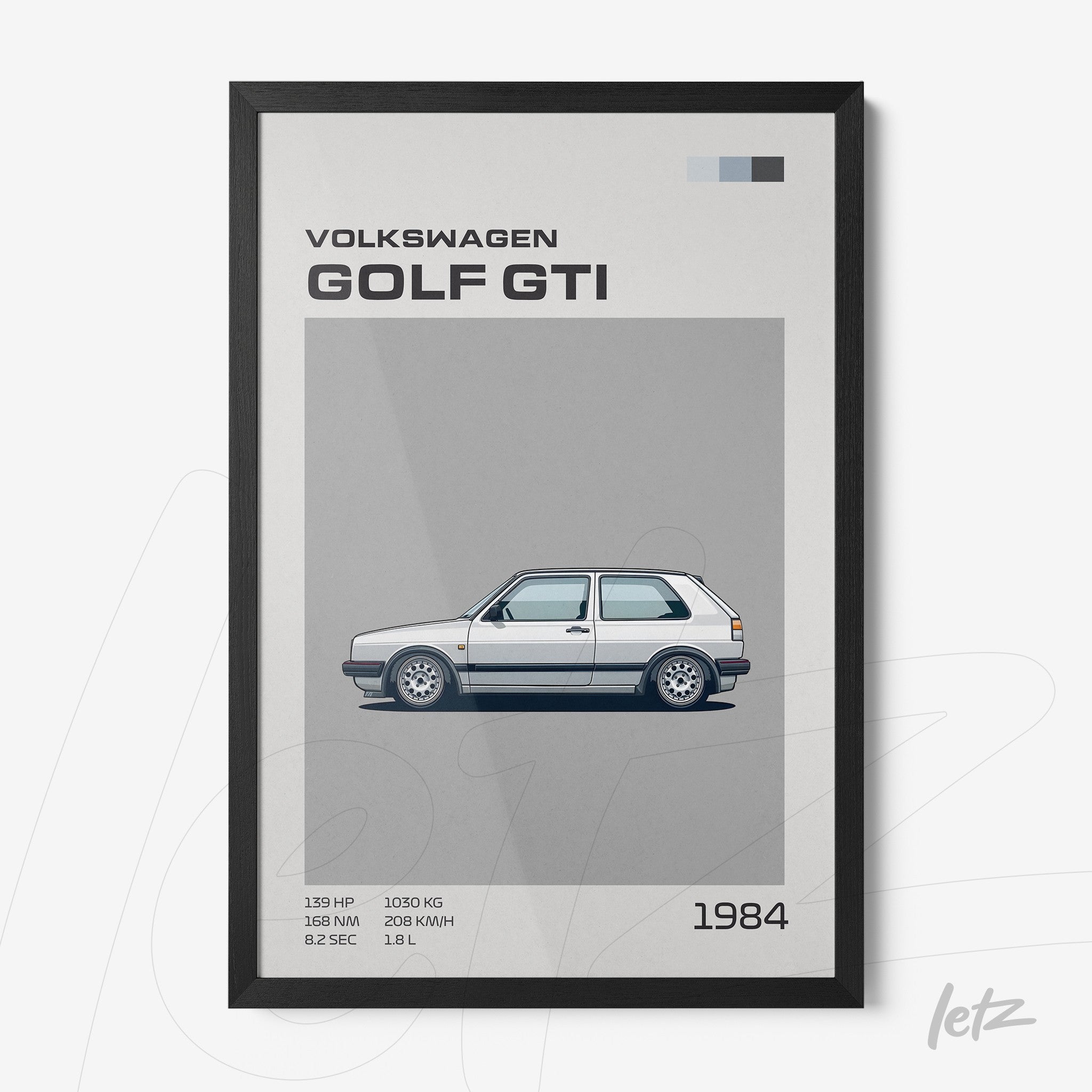 framed wall art featuring illustration of volkswagen golf gti with technical specs and gray background