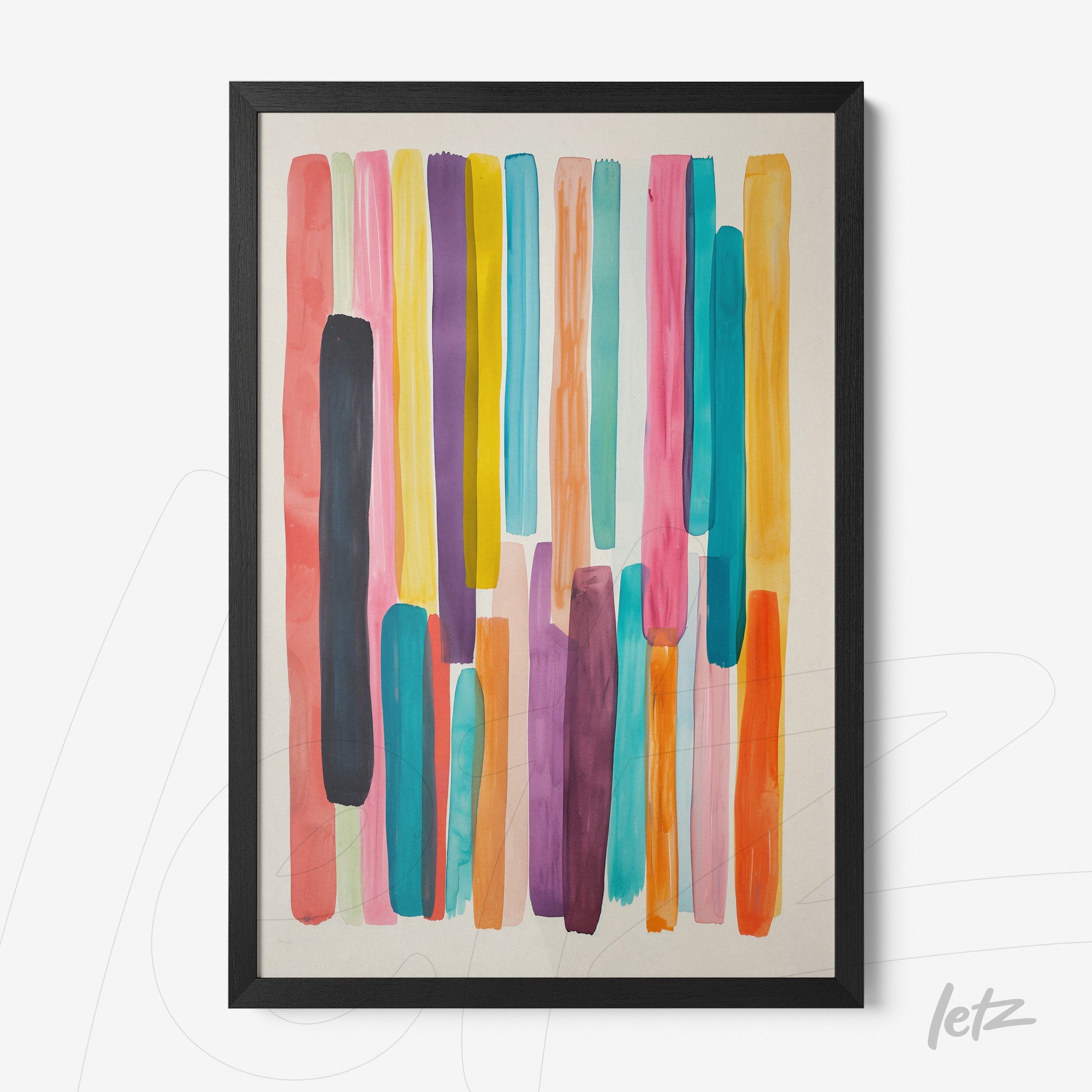 framed abstract wall art featuring colorful stripes in black frame