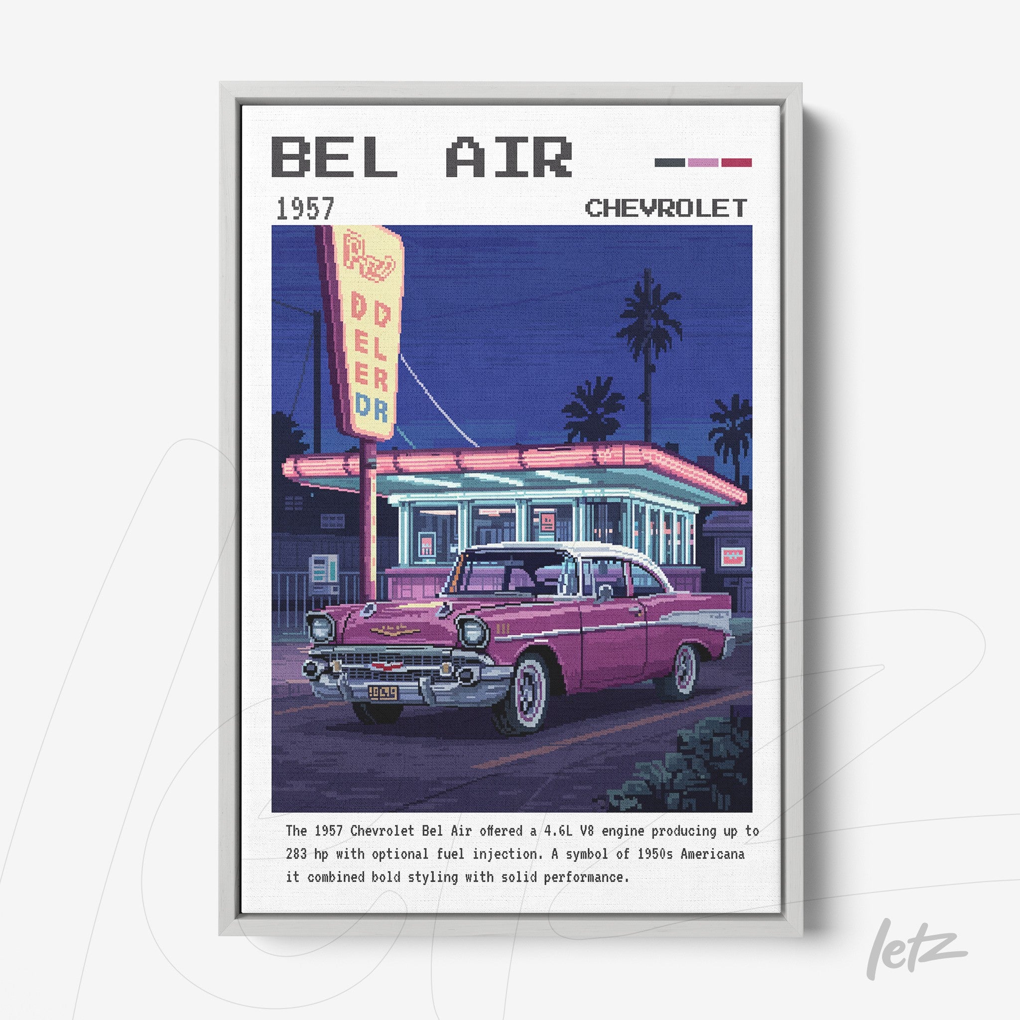 retro digital art print of a 1957 Chevrolet Bel Air in front of a neon diner