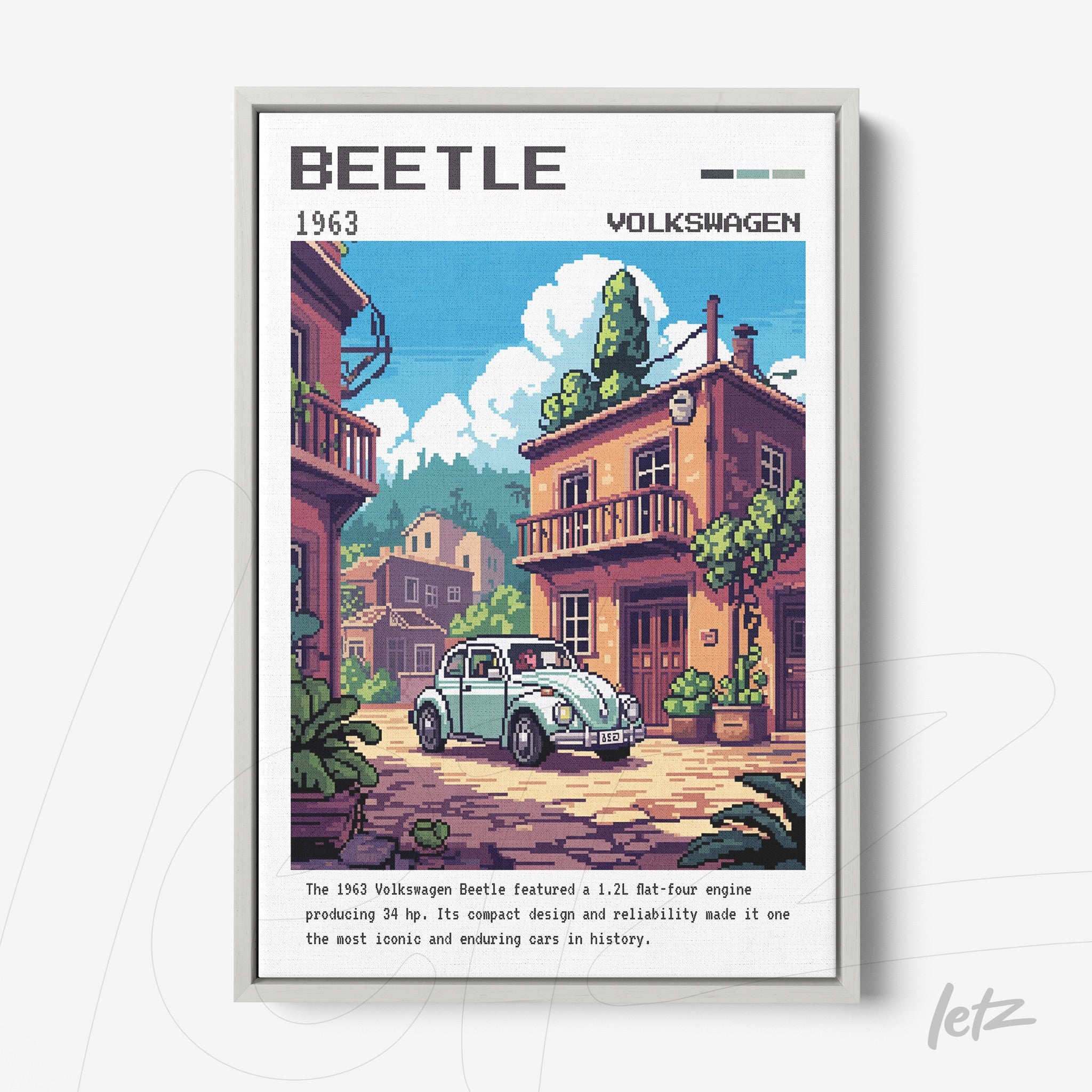 framed pixel art depiction of a Volkswagen Beetle car with a silver frame and light background