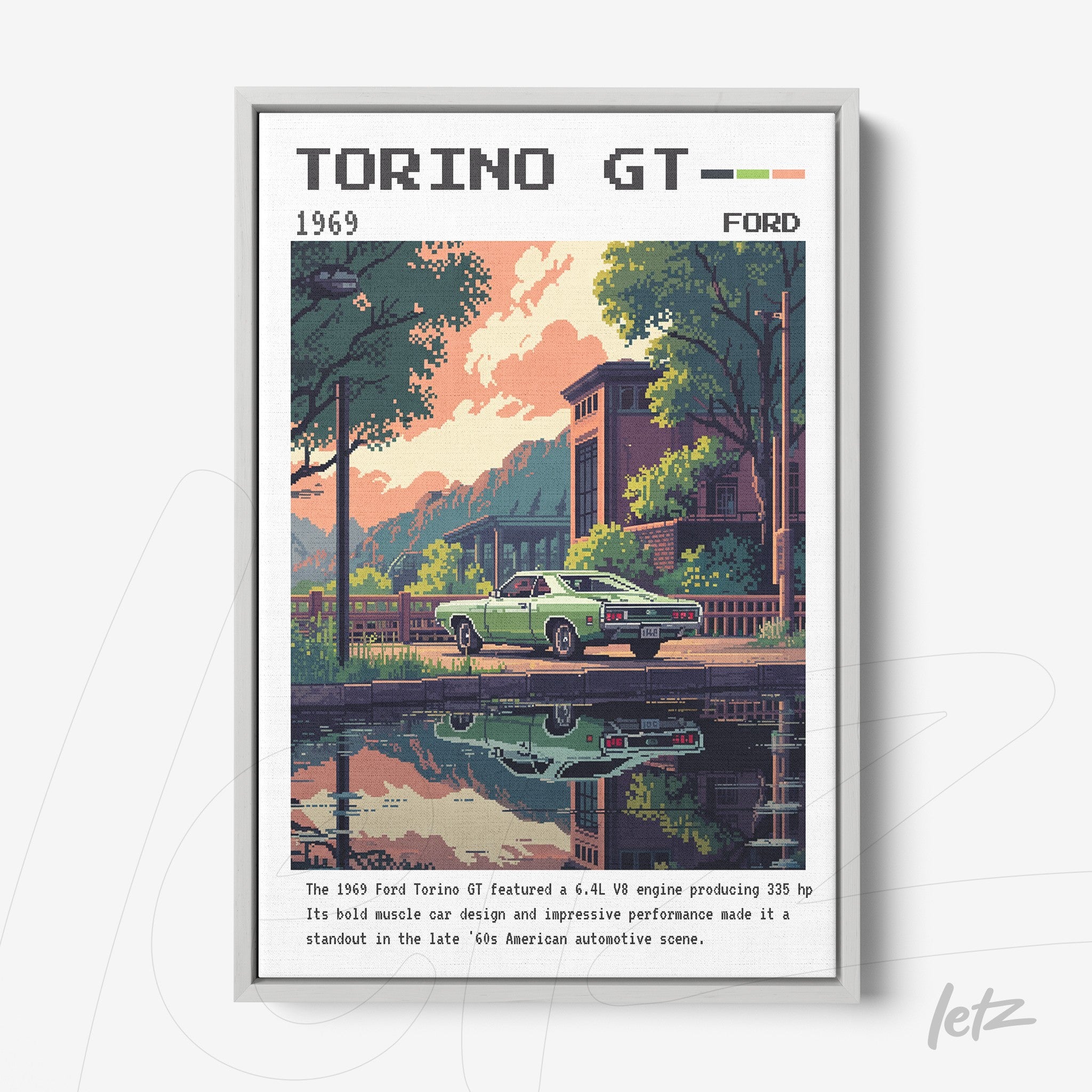 framed pixel art of a 1969 ford torino gt parked in an urban setting with trees and a building in the background