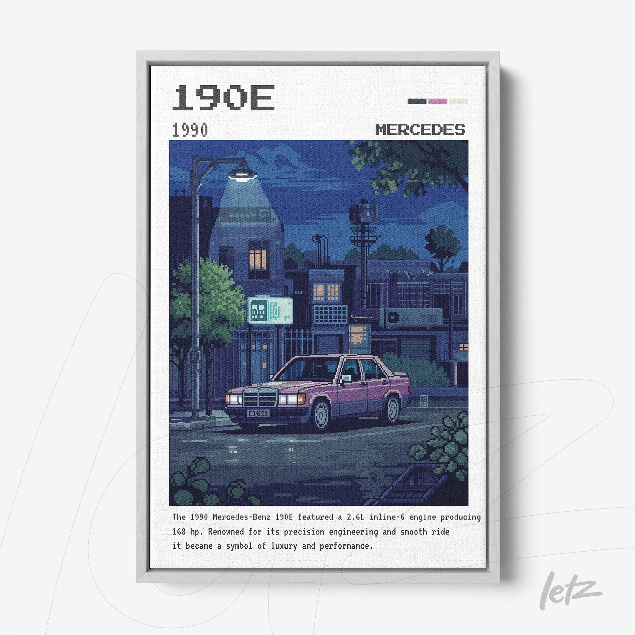 pixel art rendering of a 1990 Mercedes-Benz car in a nighttime urban setting with streetlight illumination