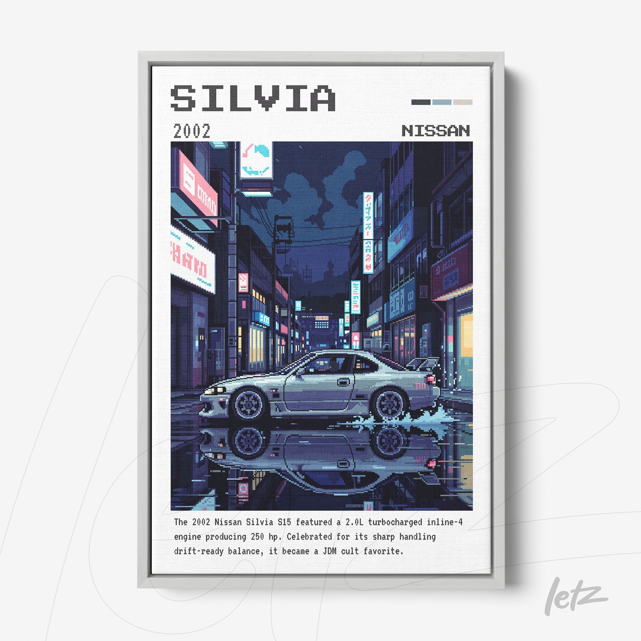 digital art print of Nissan Silvia car in retro style featuring white frame