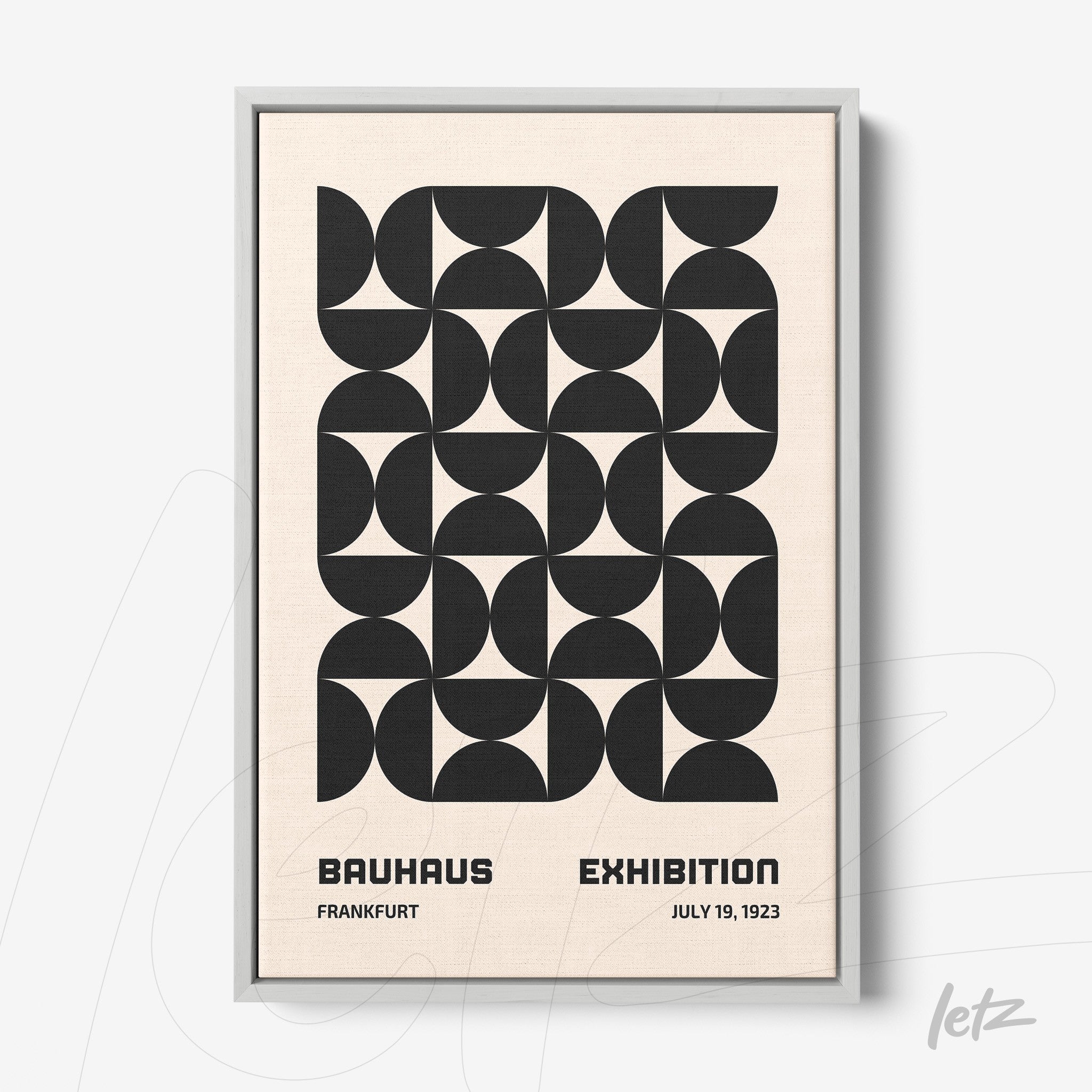 poster with geometric black design on beige background in light gray frame