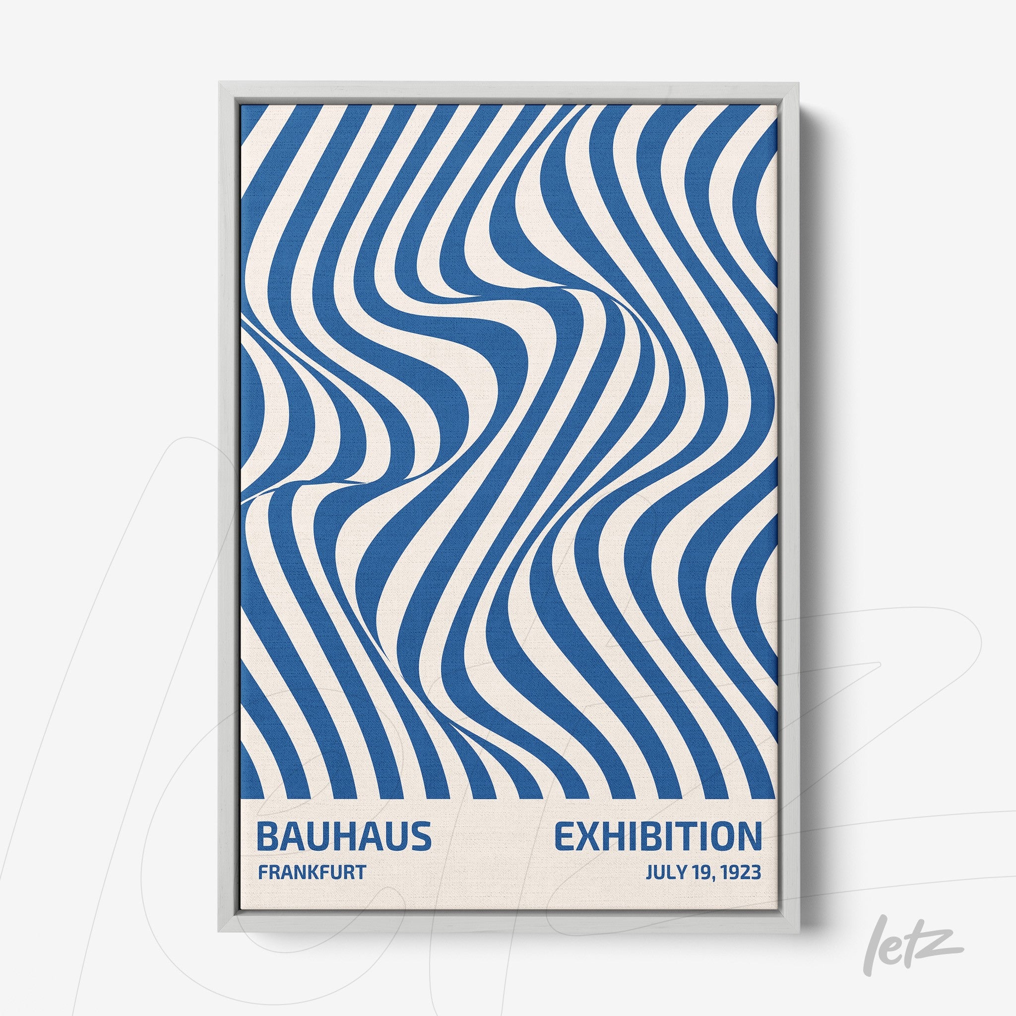 abstract Bauhaus style poster art in white frame with blue text