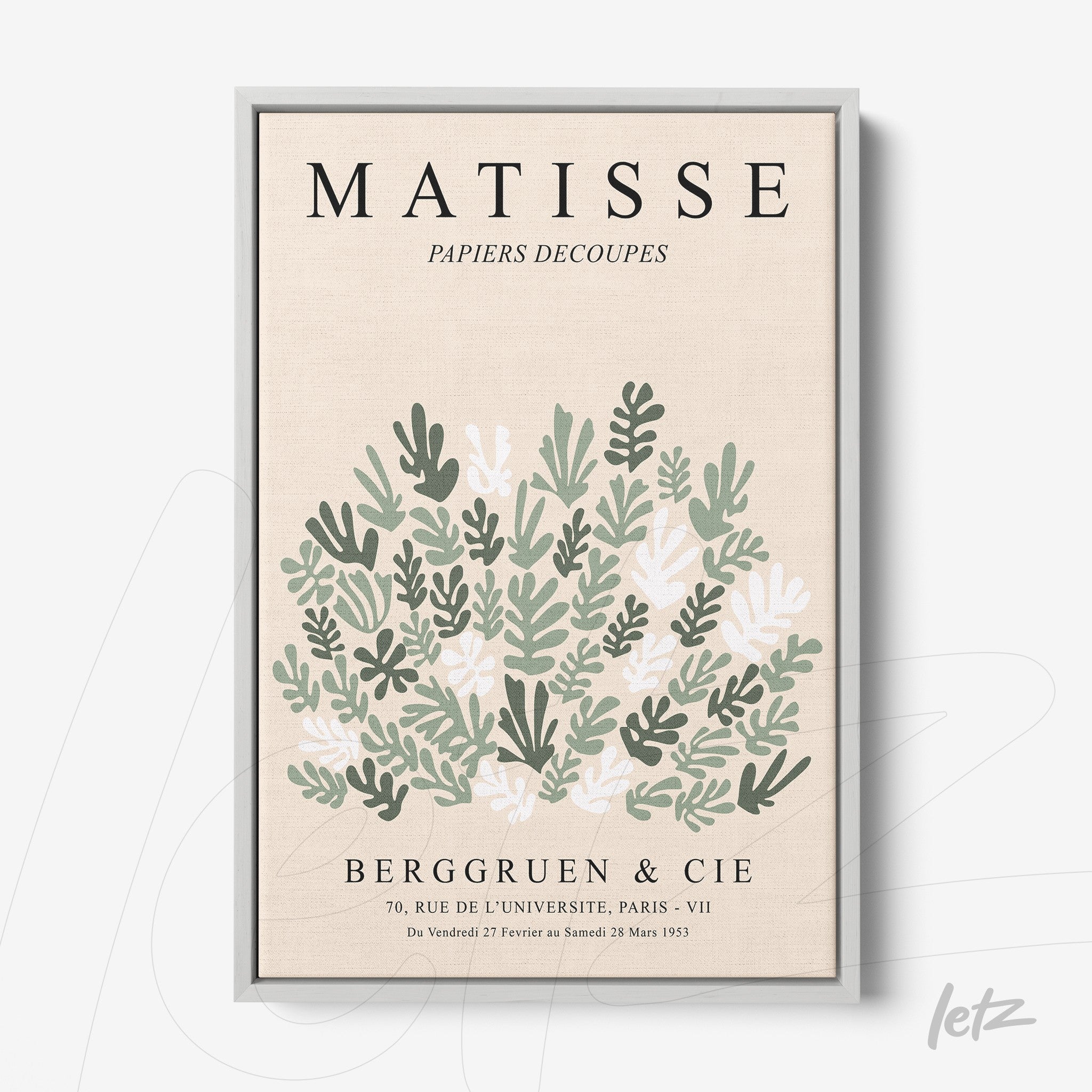 framed artwork inspired by Matisse featuring foliage in shades of green on a light background