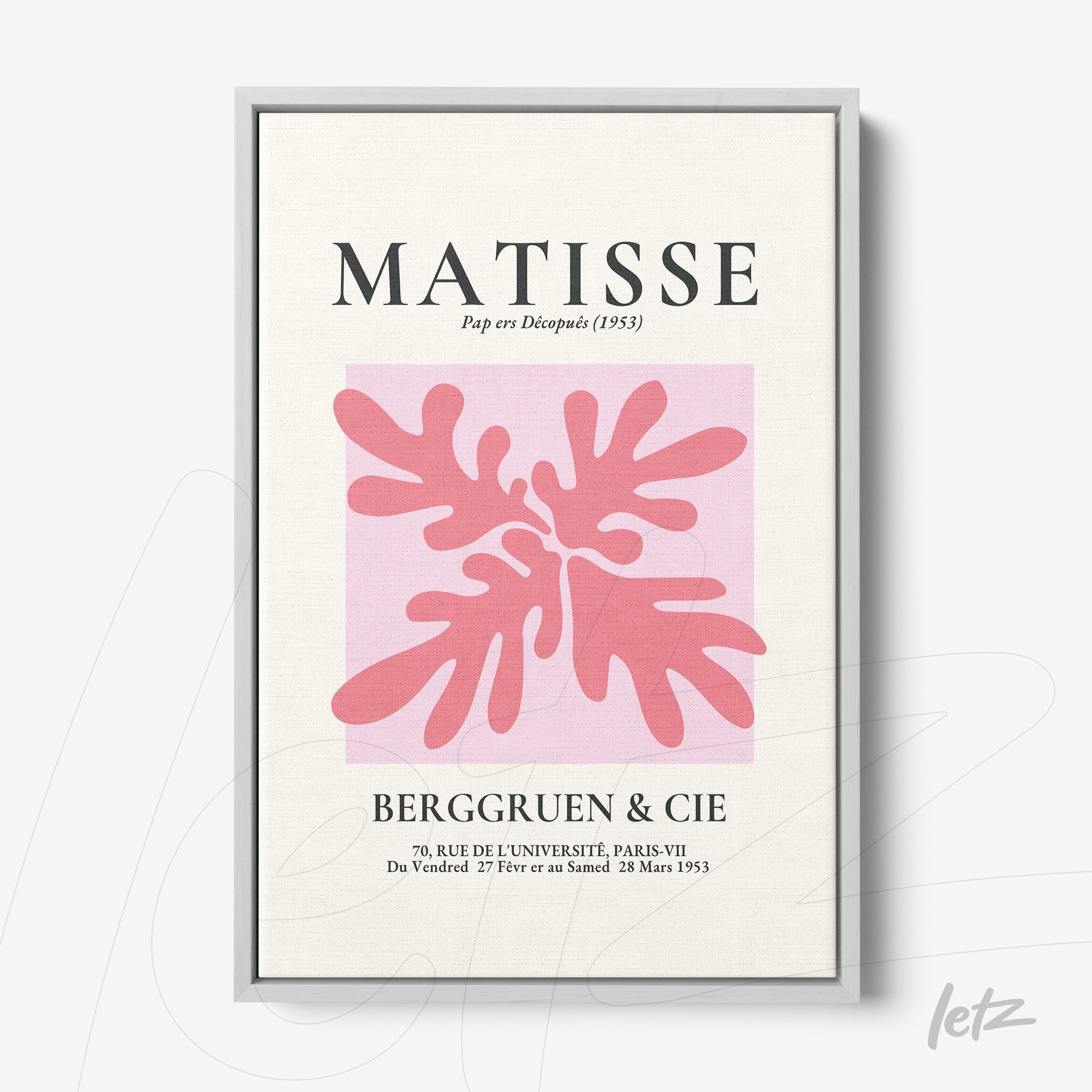 framed modern art print featuring pink leaves with bold title and silver frame