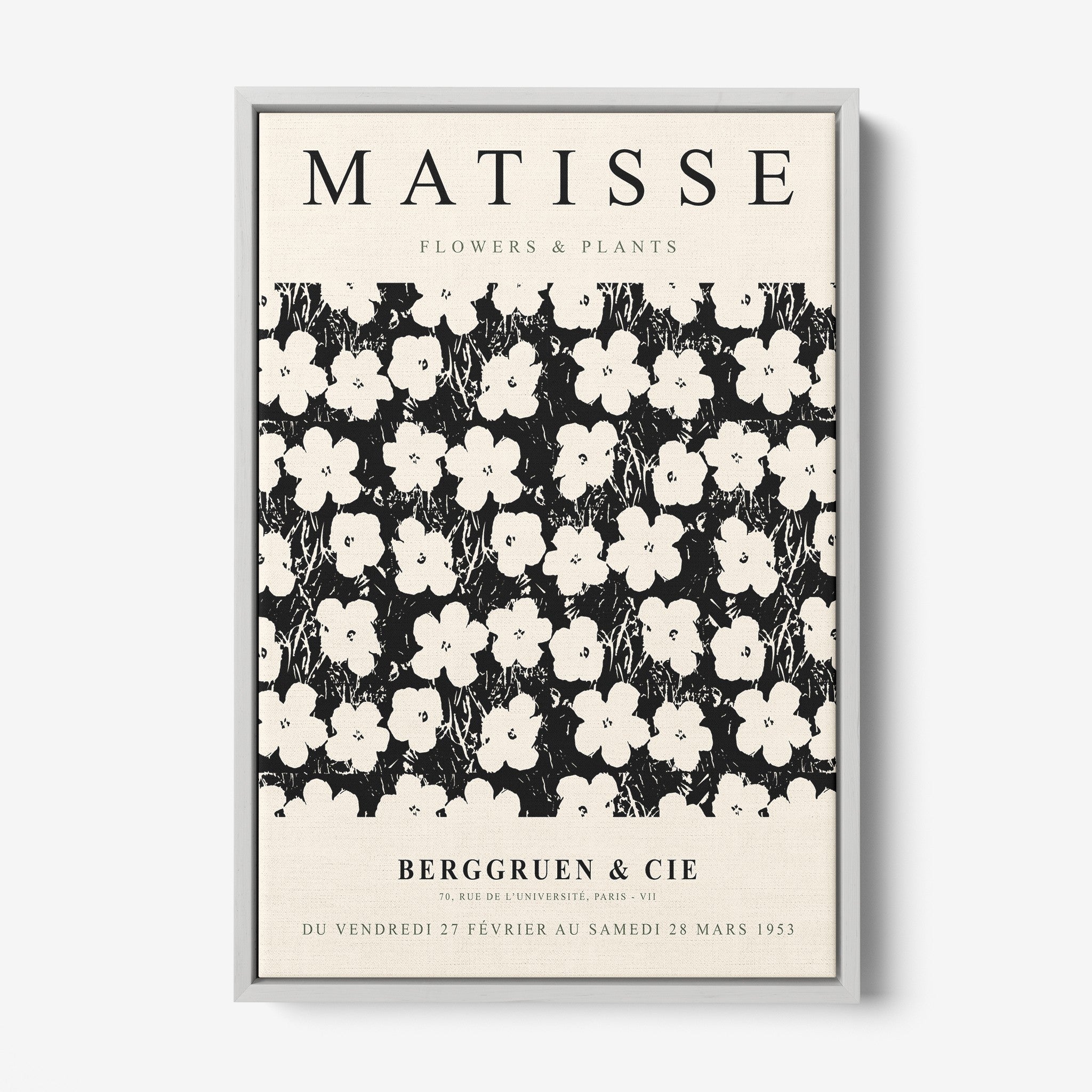framed art inspired by matisse featuring white flowers on a black background with silver frame