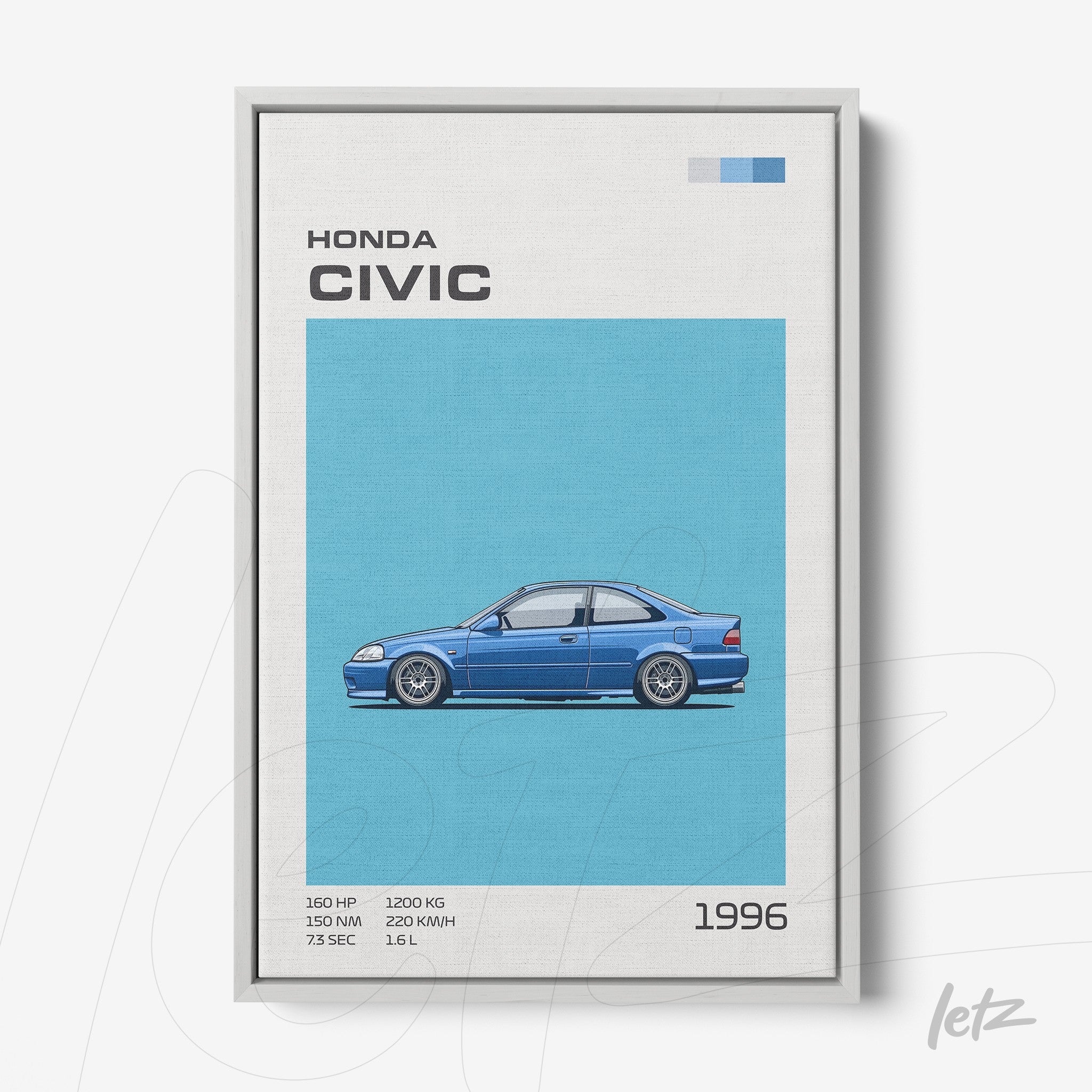 decorative wall art featuring a stylized illustration of a 1996 blue Honda Civic on light blue background