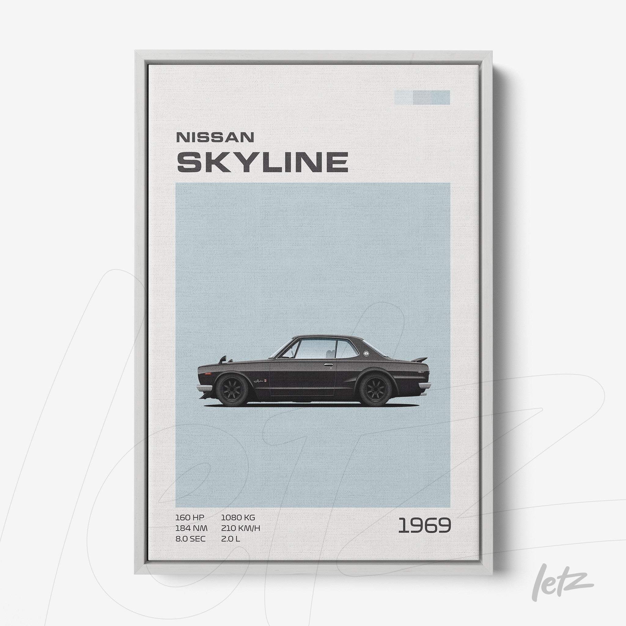 minimalist framed art of a 1969 Nissan Skyline car in light gray frame