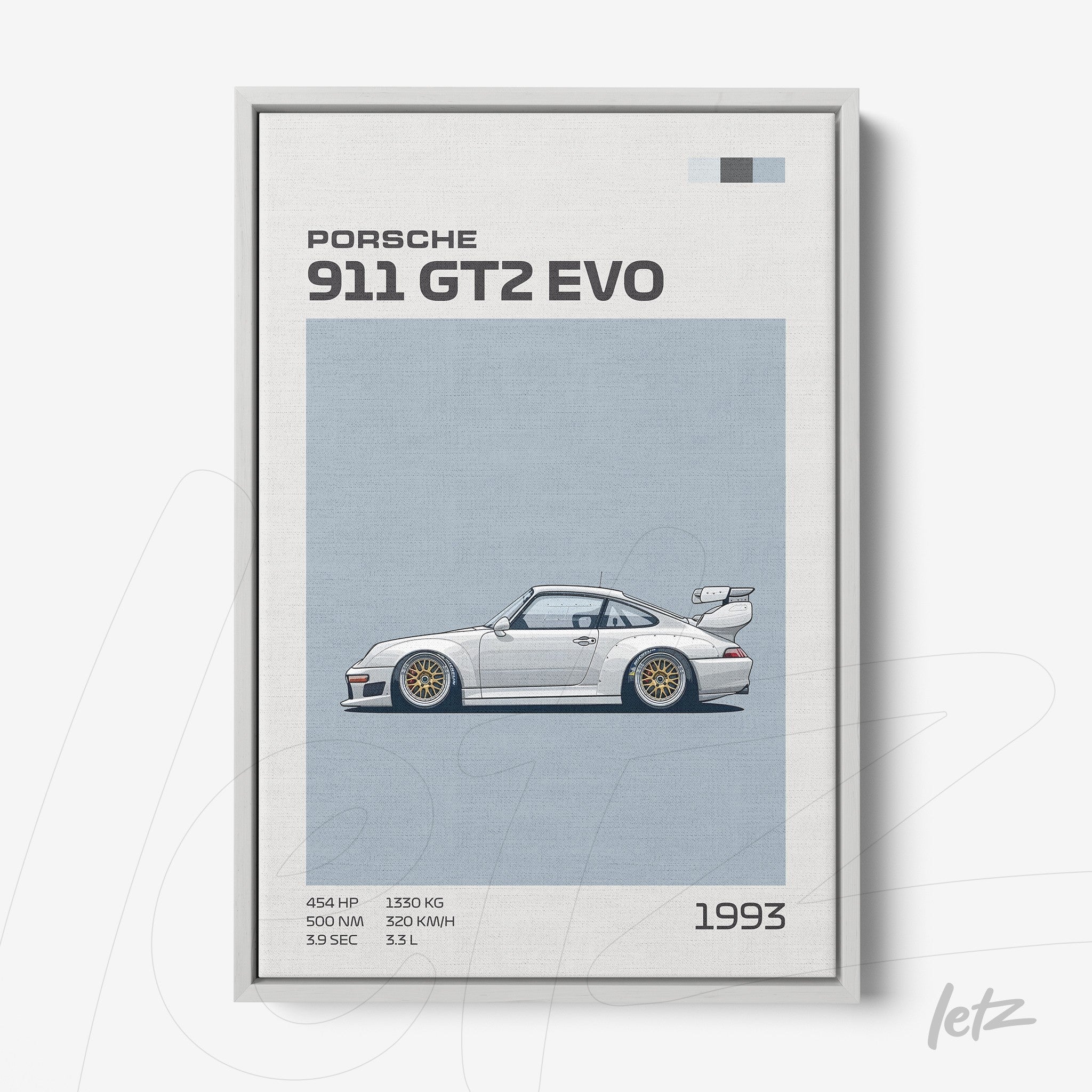 framed wall art featuring an illustration of the 1993 Porsche 911 GT2 Evo on a light blue background