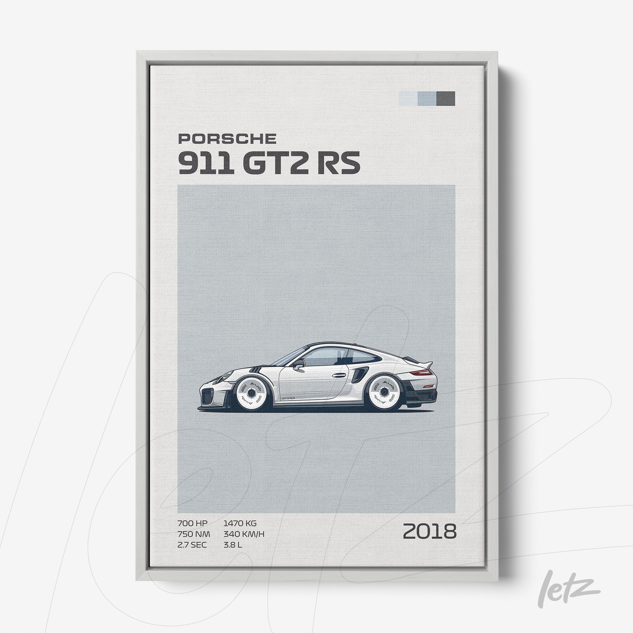 framed digital art of a Porsche 911 GT2 RS car with silver frame