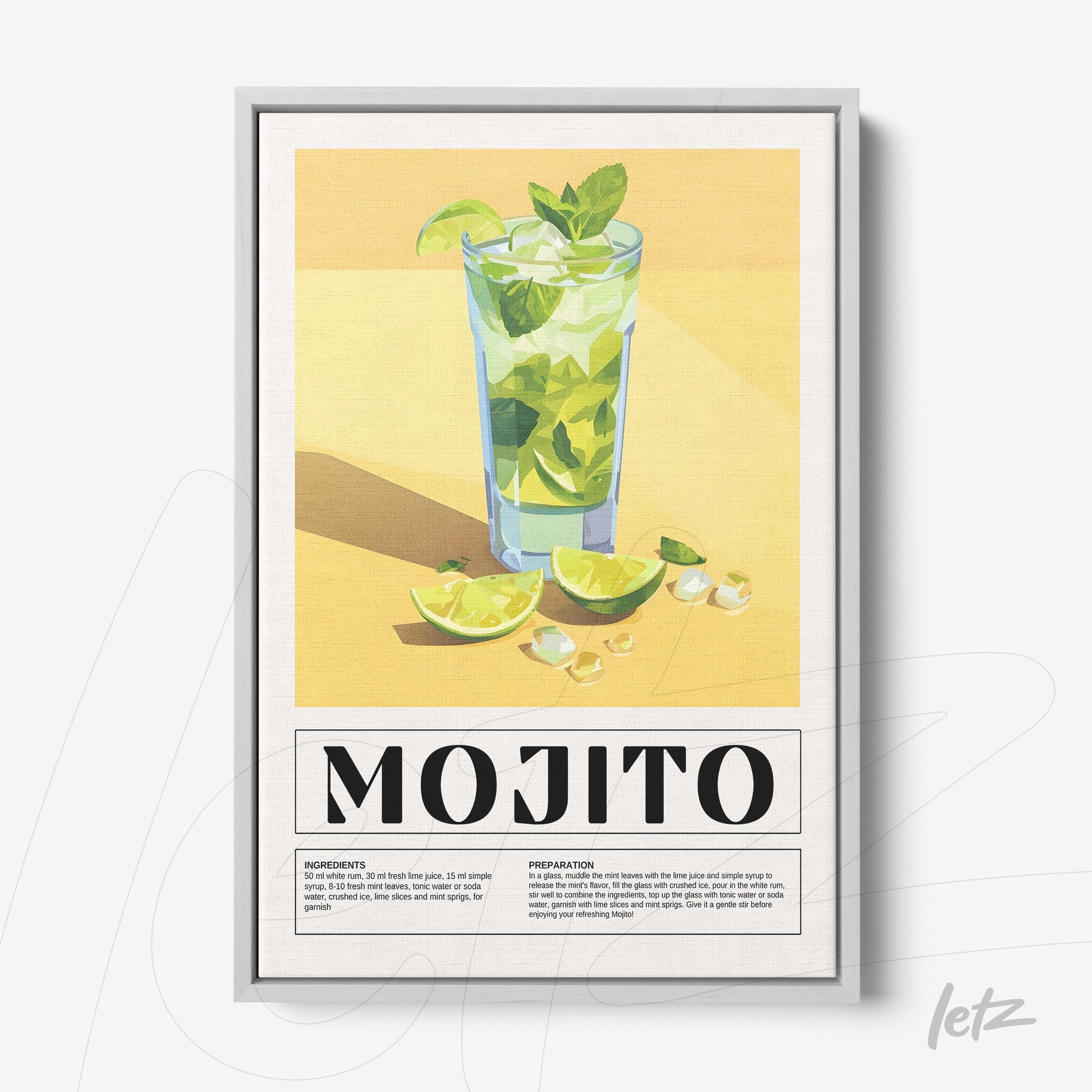 framed wall art of mojito cocktail with light frame on yellow background featuring limes and ice