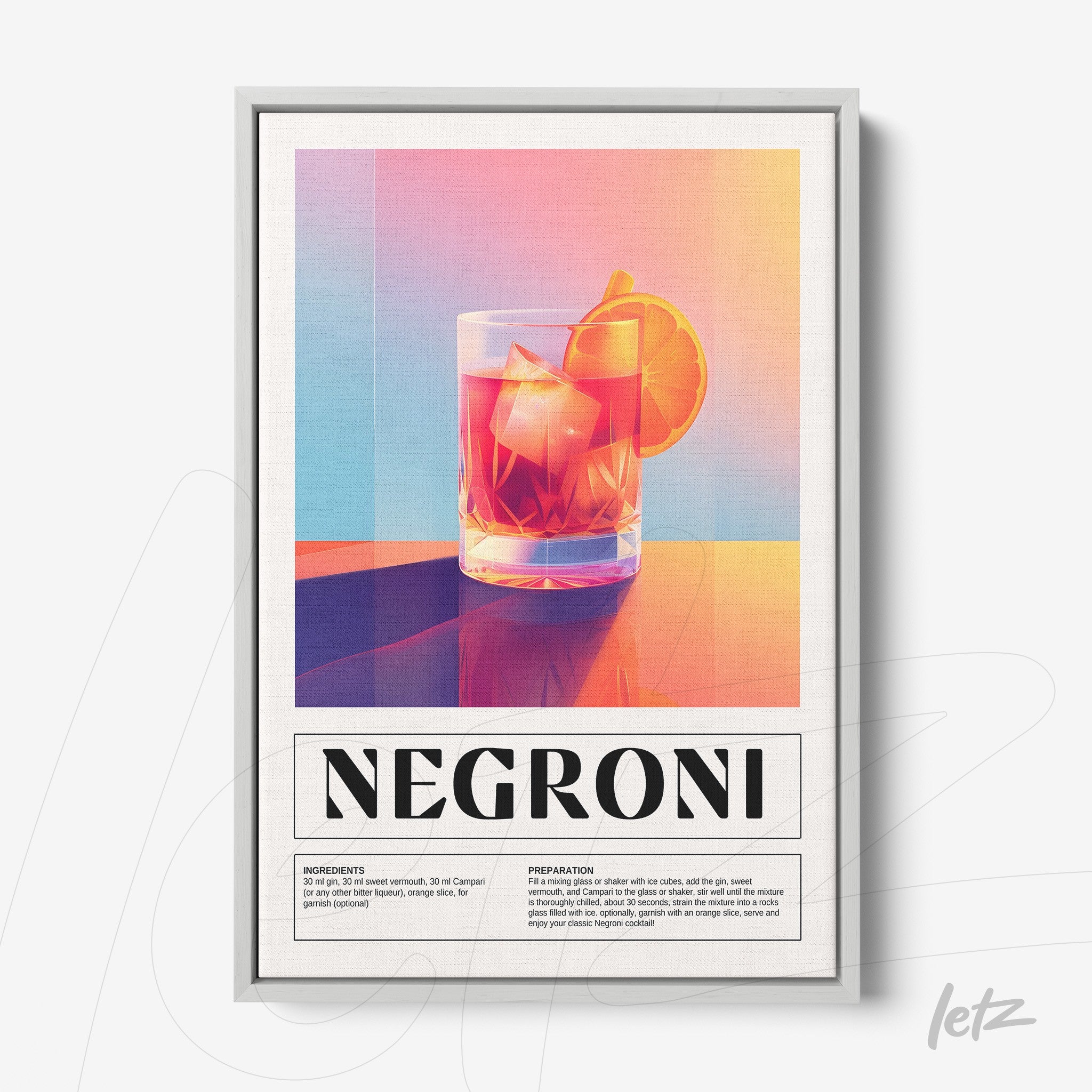 digital artwork of negroni cocktail in colorful background with silver frame