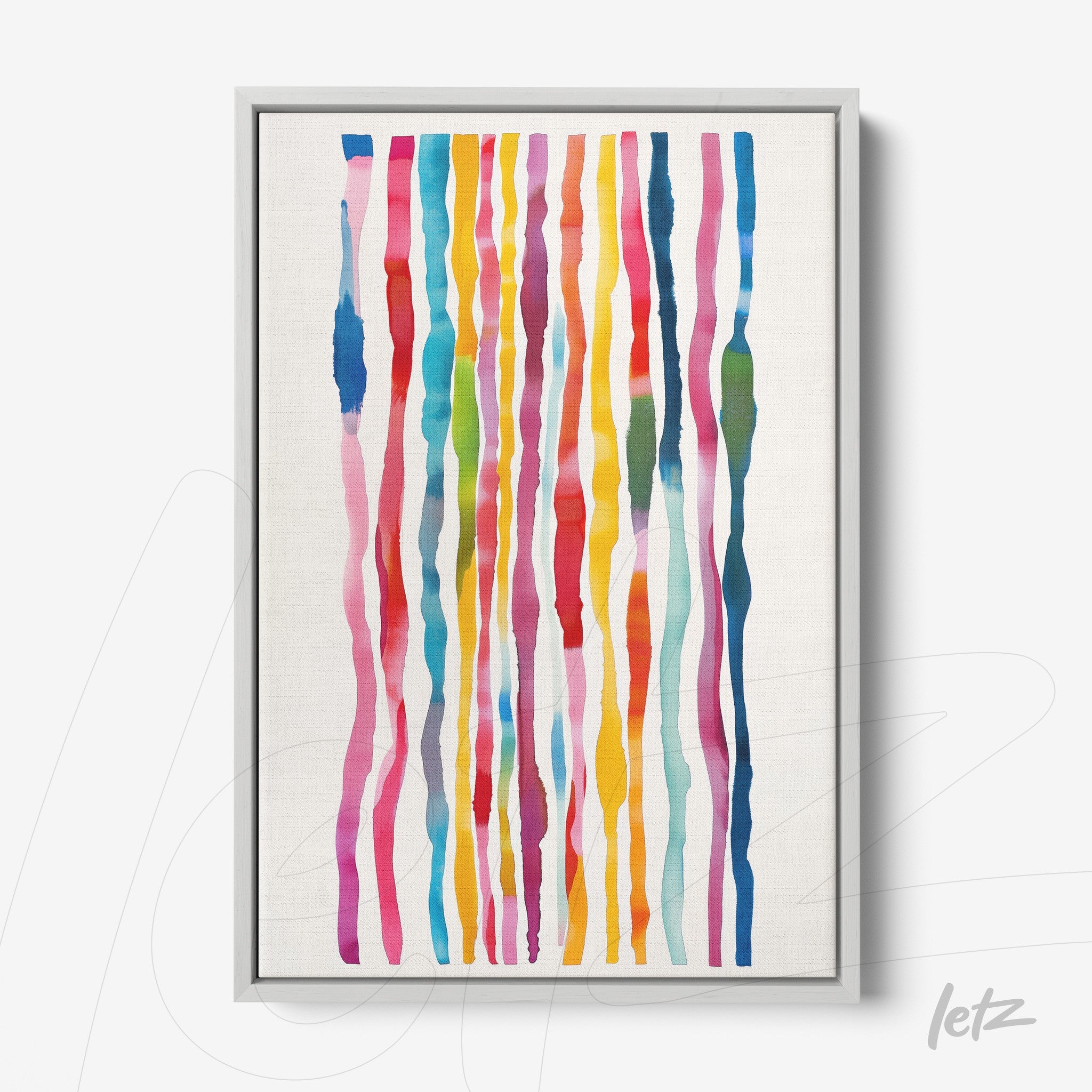 framed abstract watercolor art featuring colorful stripes in light gray frame