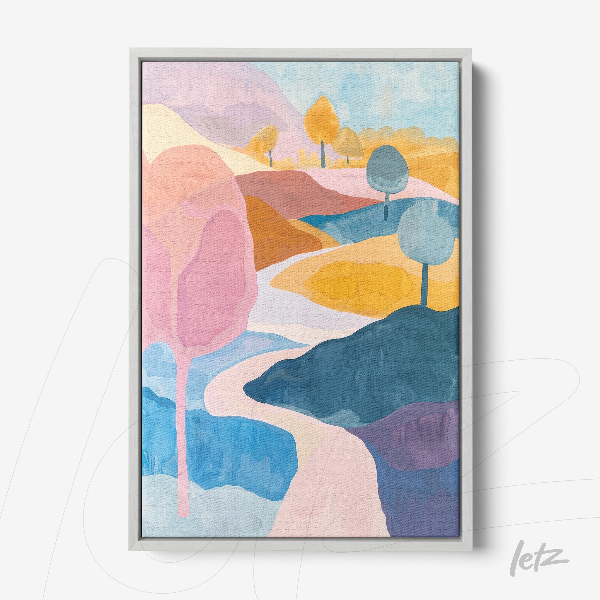 framed abstract landscape art in pastel colors with stylized trees