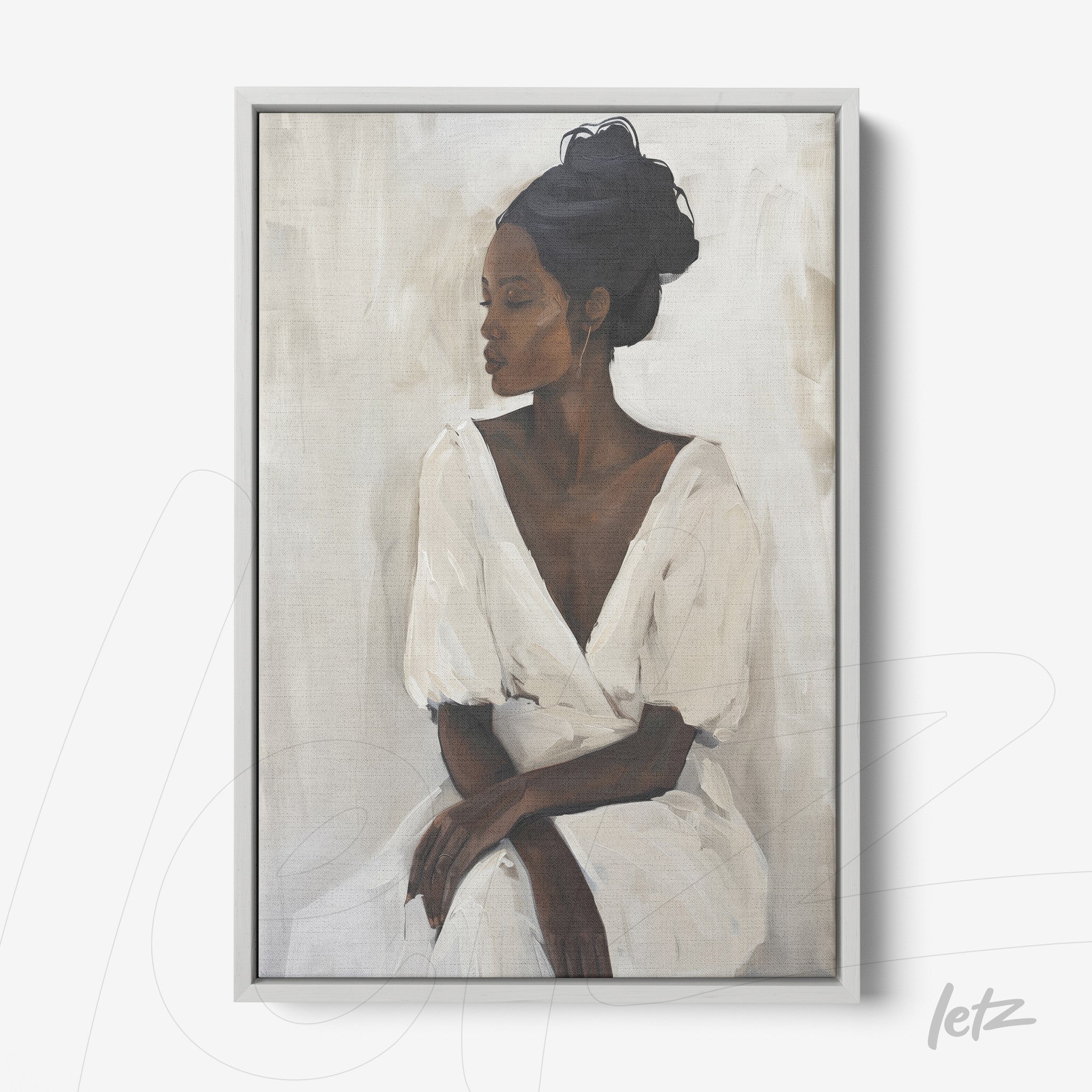 canvas artwork of a black woman in a white dress, framed in light gray with a soft background