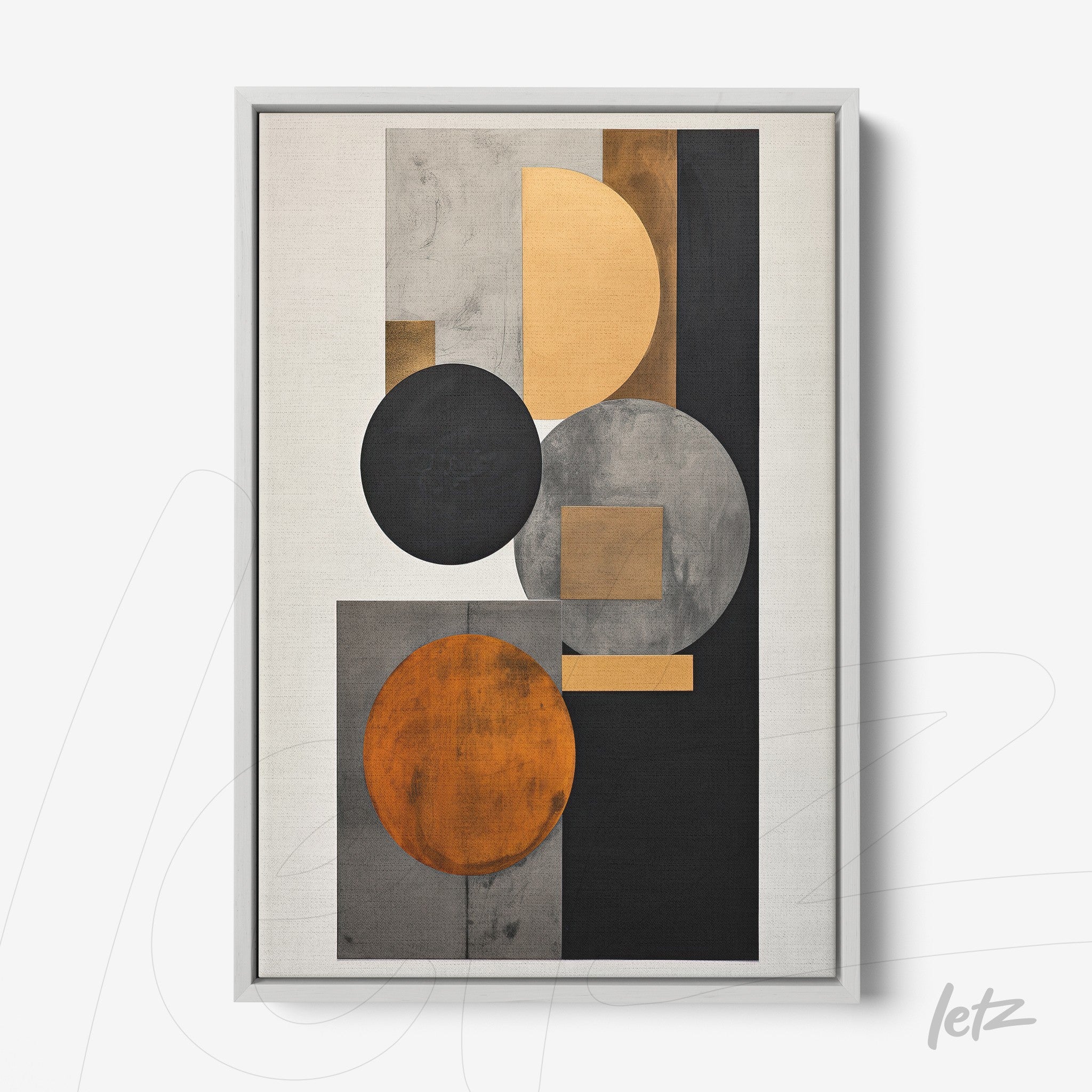 framed abstract art with gray, black, and orange geometric shapes, featuring a white frame