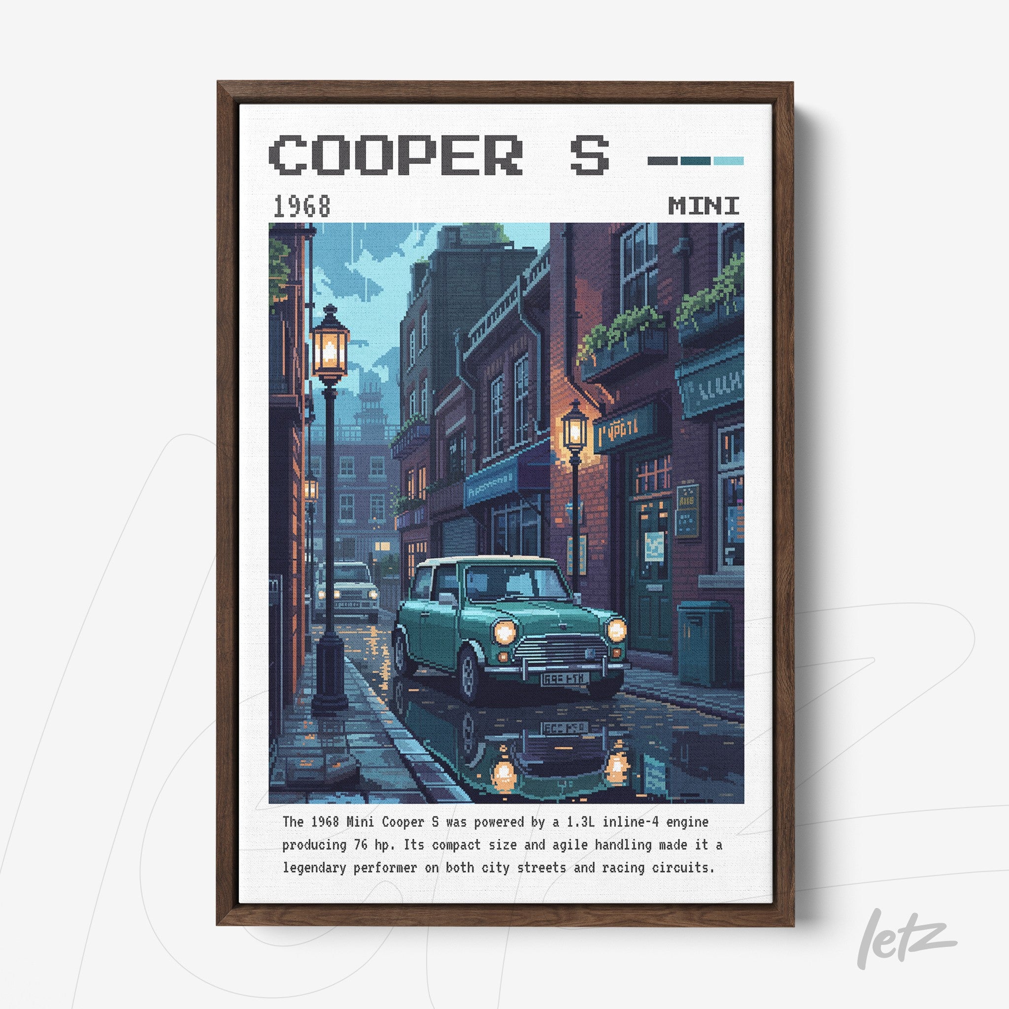 framed pixel art of a 1968 Mini Cooper S parked on cobblestone street illuminated by street lamps