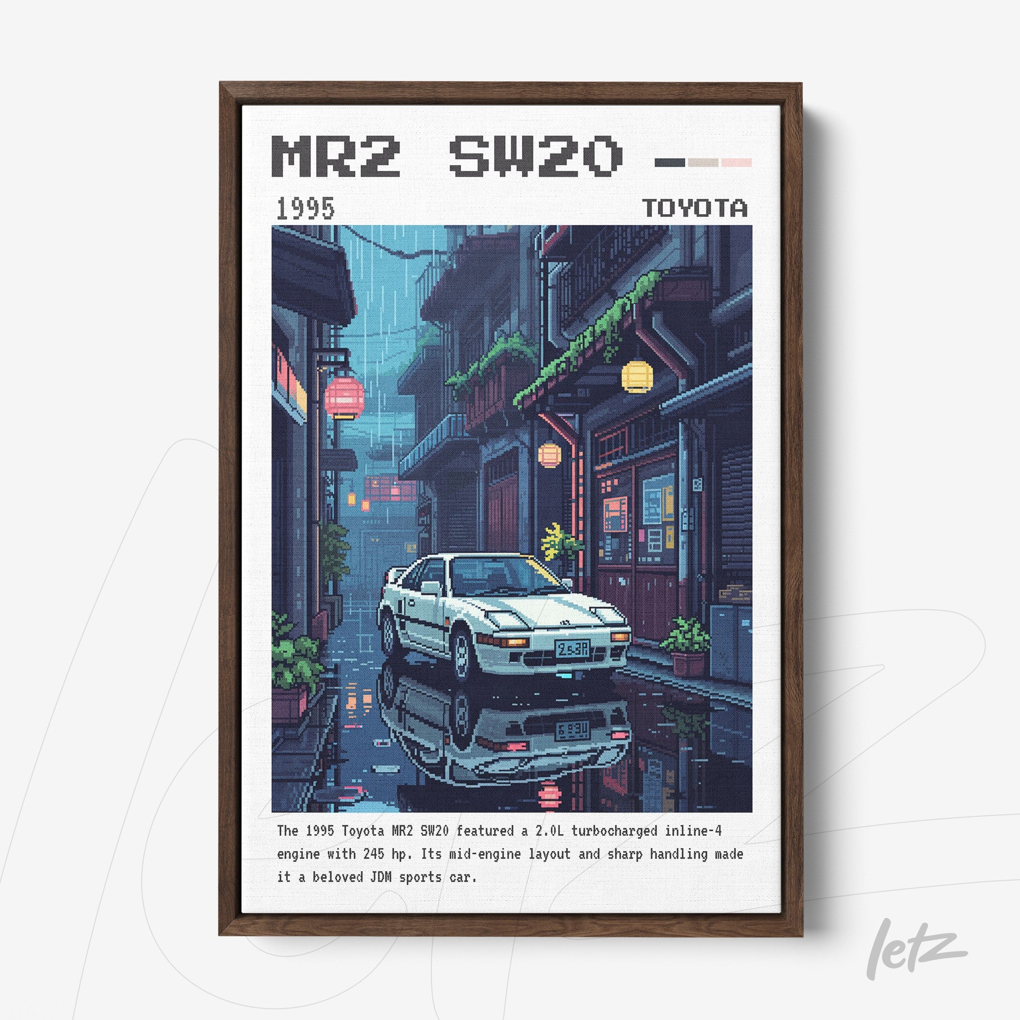 retro digital art frame of a 1995 Toyota MR2 SW20 in a rainy street with traditional buildings in the background