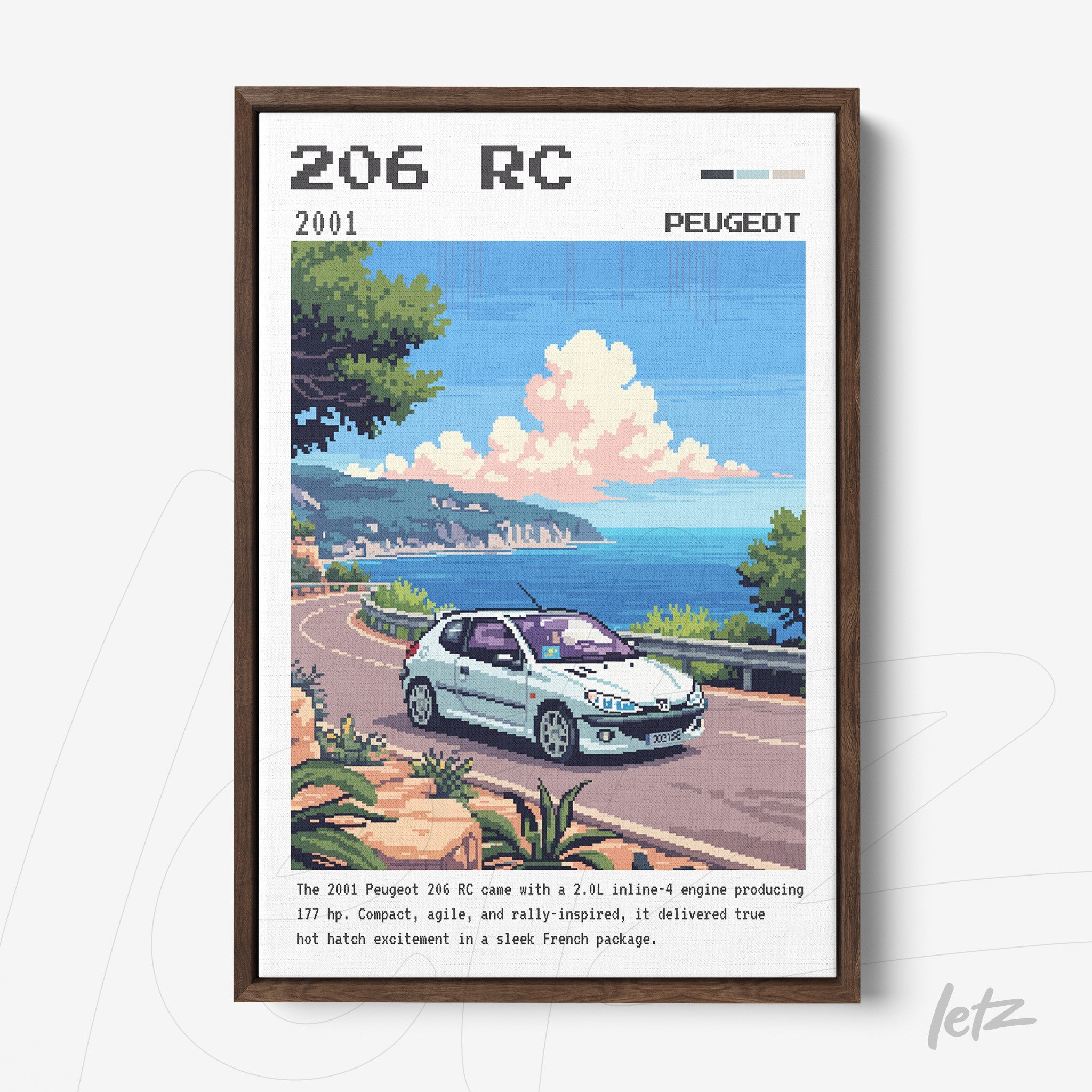 framed artwork featuring a digital illustration of a Peugeot 206 RC on a coastal road with a clear blue sky